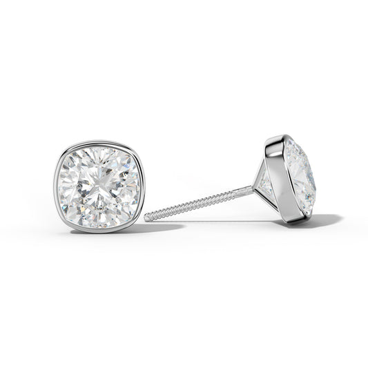 Cushion Diamond Stud Earrings With Martini Bezel Set
