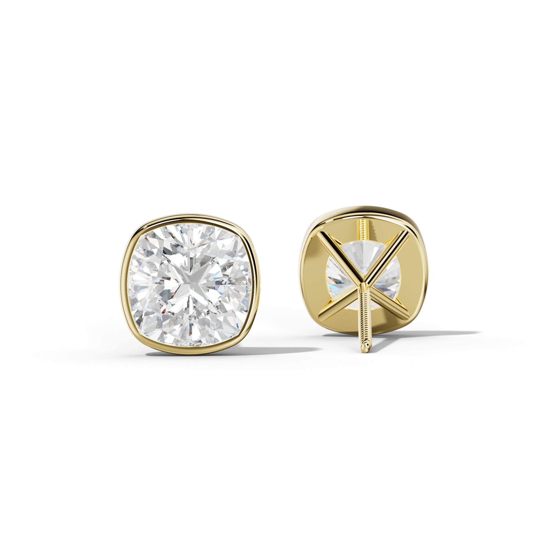Cushion Diamond Stud Earrings With Martini Bezel Set - 1/2 - 18K Yellow Gold