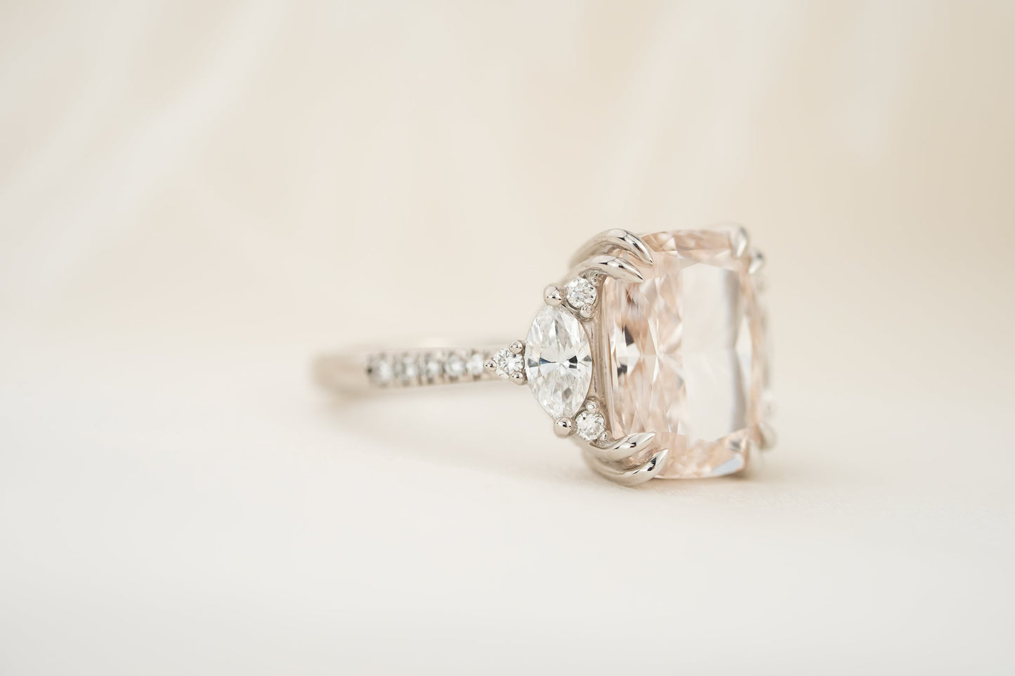 The Low Maren Ring | 5.74 CT Elongated Cushion Pale Pink Diamond