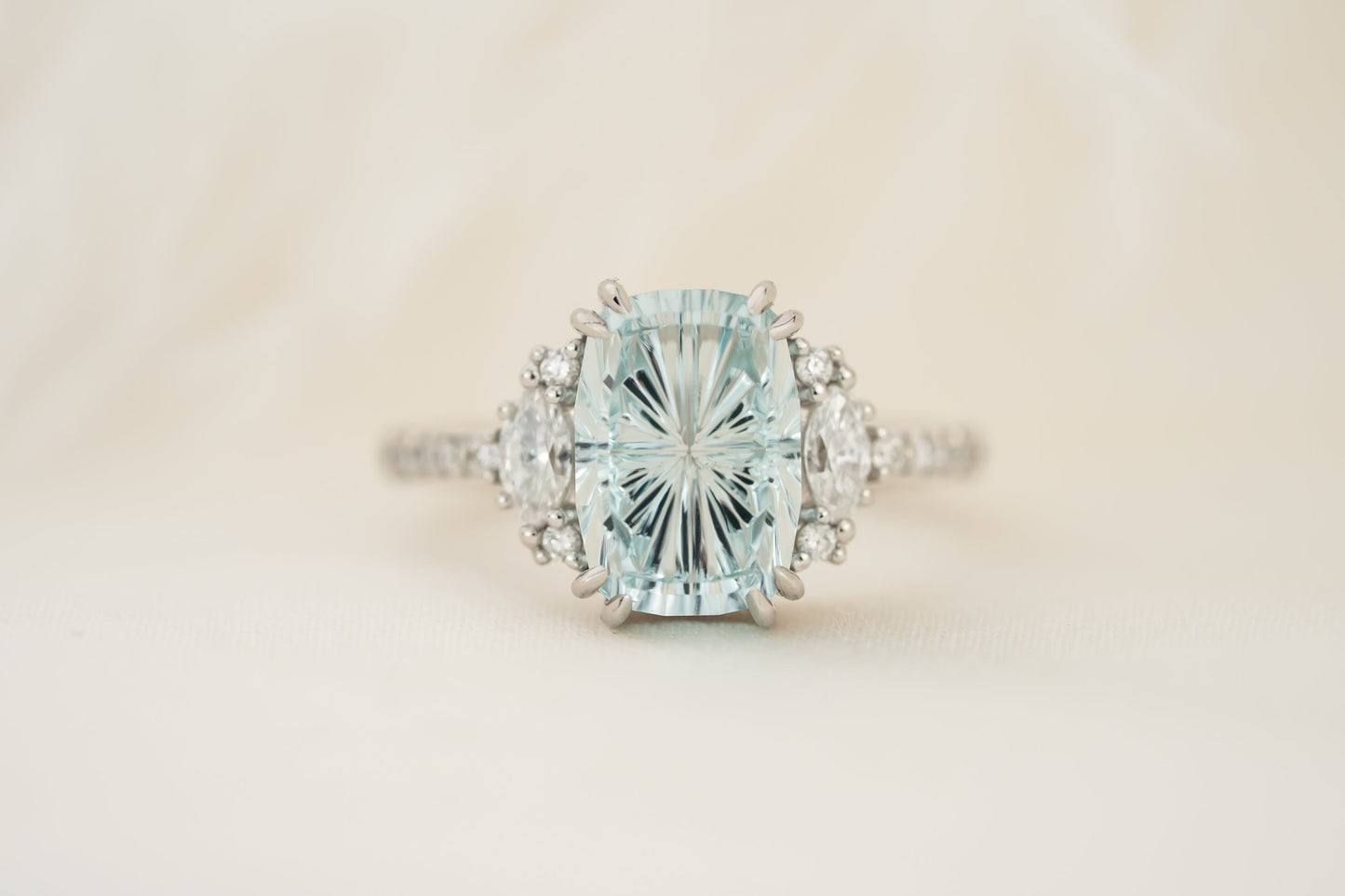 The Low Maren Ring | 3.65 CT Elongated Cushion Starbrite™ Aquamarine
