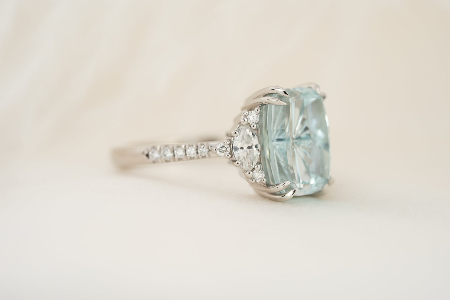 The Low Maren Ring | 3.65 CT Elongated Cushion Starbrite™ Aquamarine