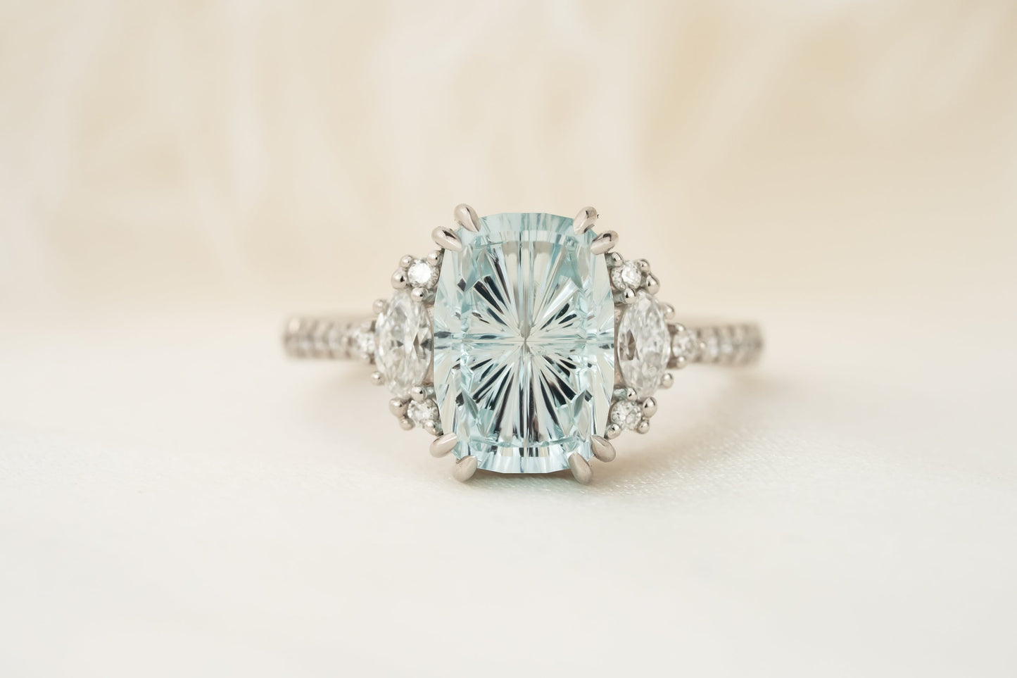 The Low Maren Ring | 3.65 CT Elongated Cushion Starbrite™ Aquamarine