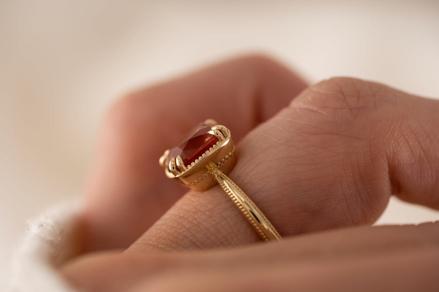 The Apate Ring | 2.77 CT Cushion Cut Red Sunstone