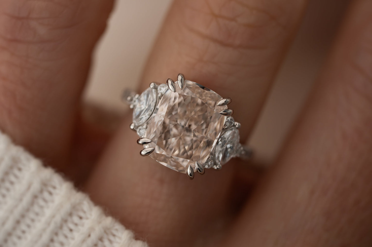 The Low Maren Ring | 5.74 CT Elongated Cushion Pale Pink Diamond
