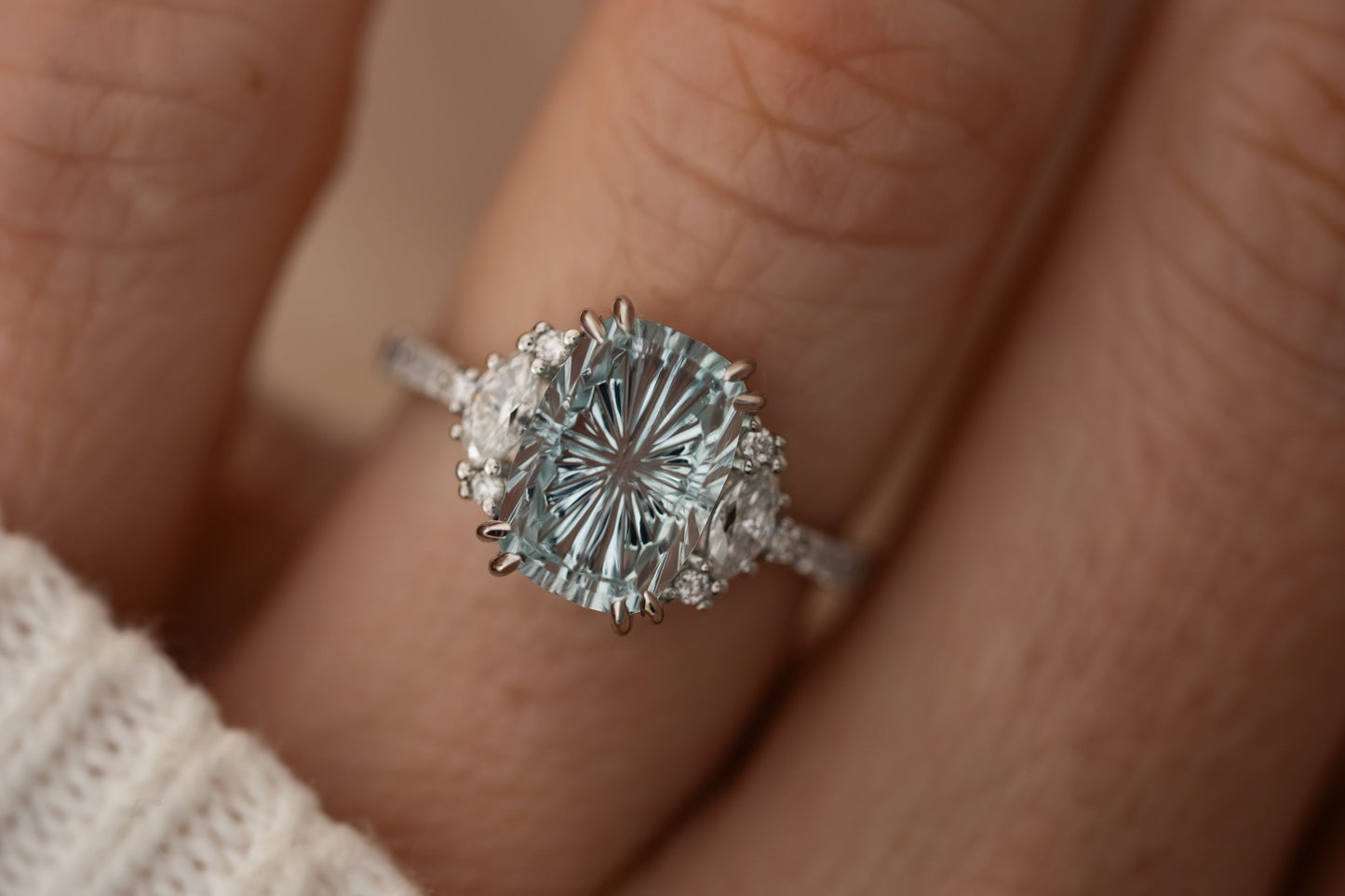 The Low Maren Ring | 3.65 CT Elongated Cushion Starbrite™ Aquamarine