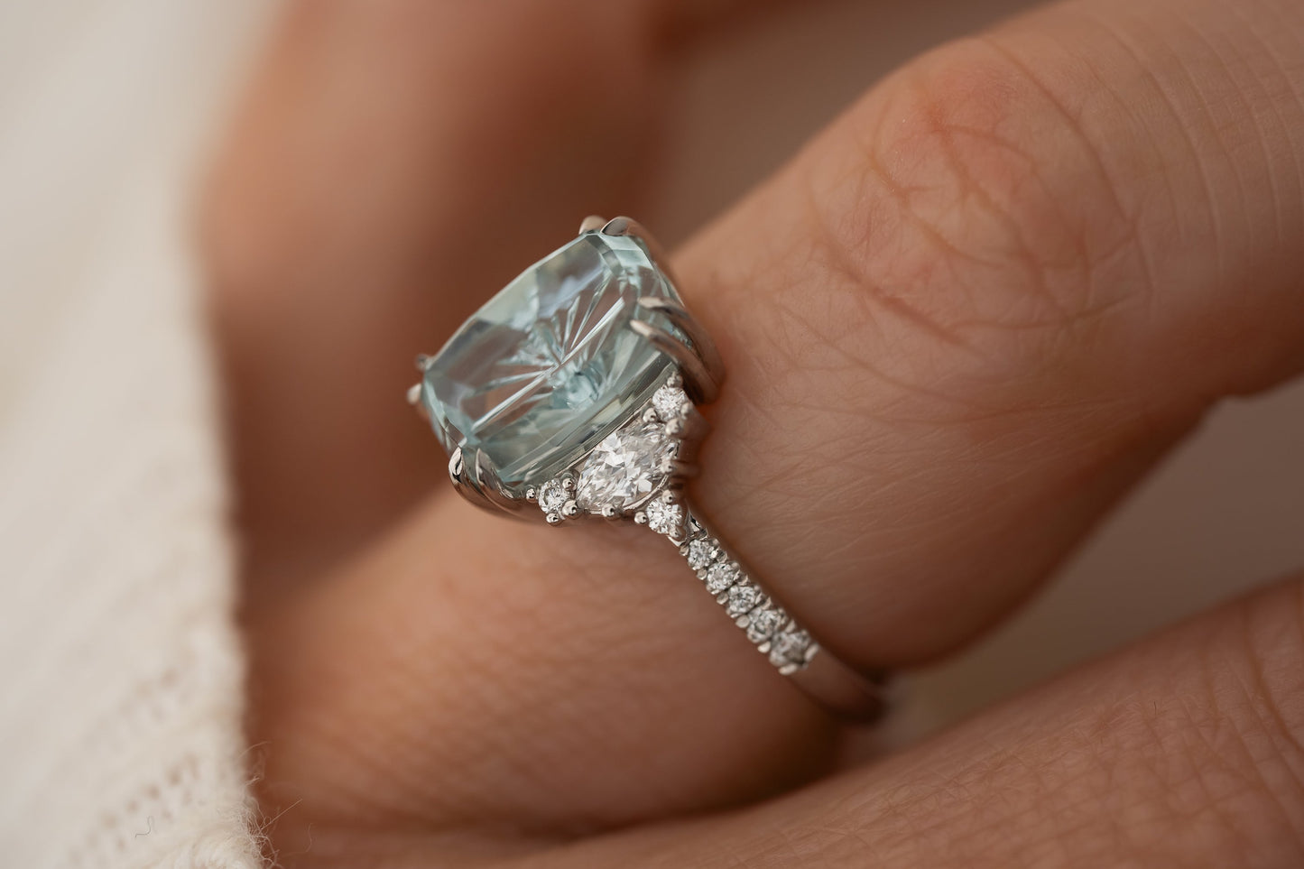 The Low Maren Ring | 3.65 CT Elongated Cushion Starbrite™ Aquamarine