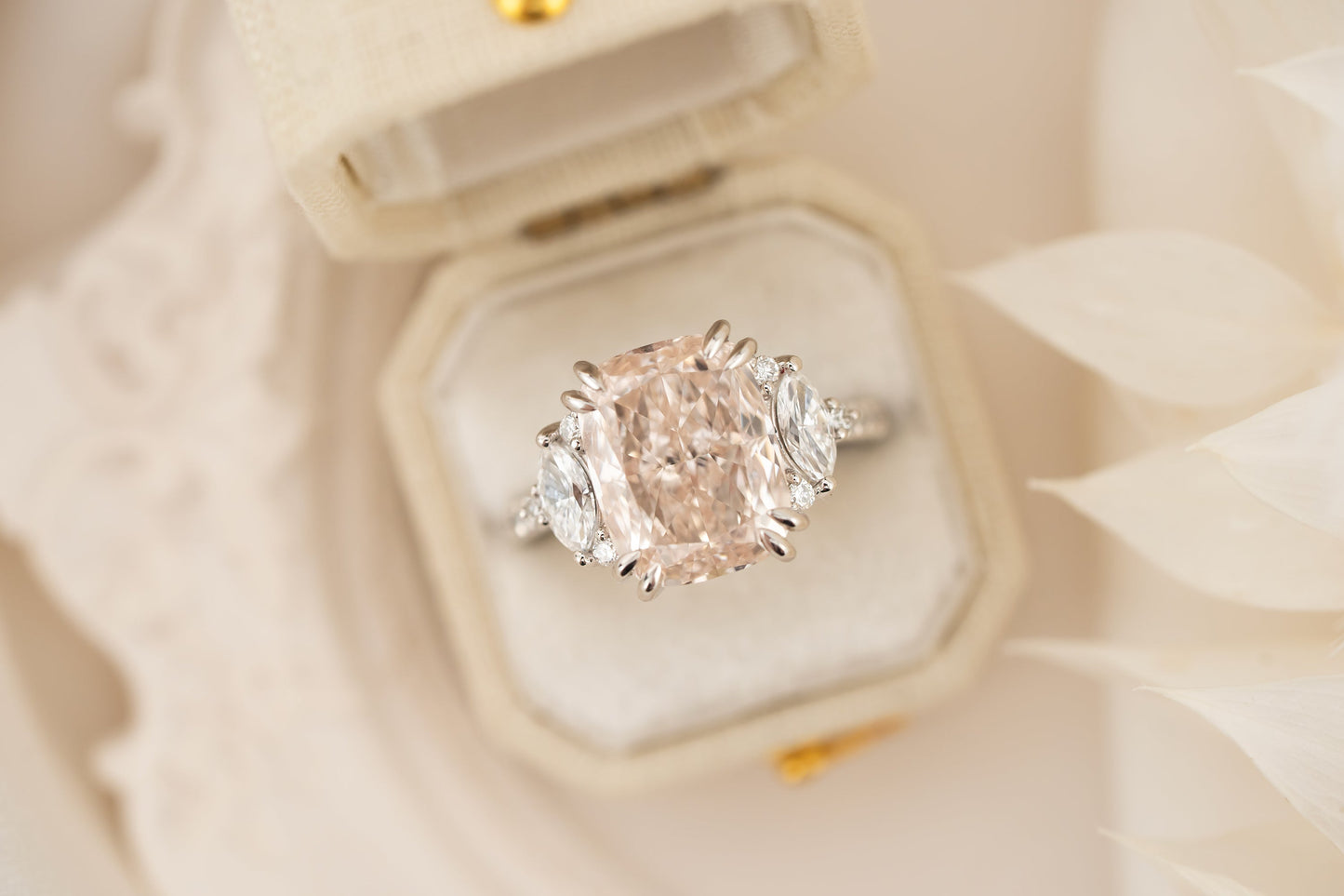 The Low Maren Ring | 5.74 CT Elongated Cushion Pale Pink Diamond
