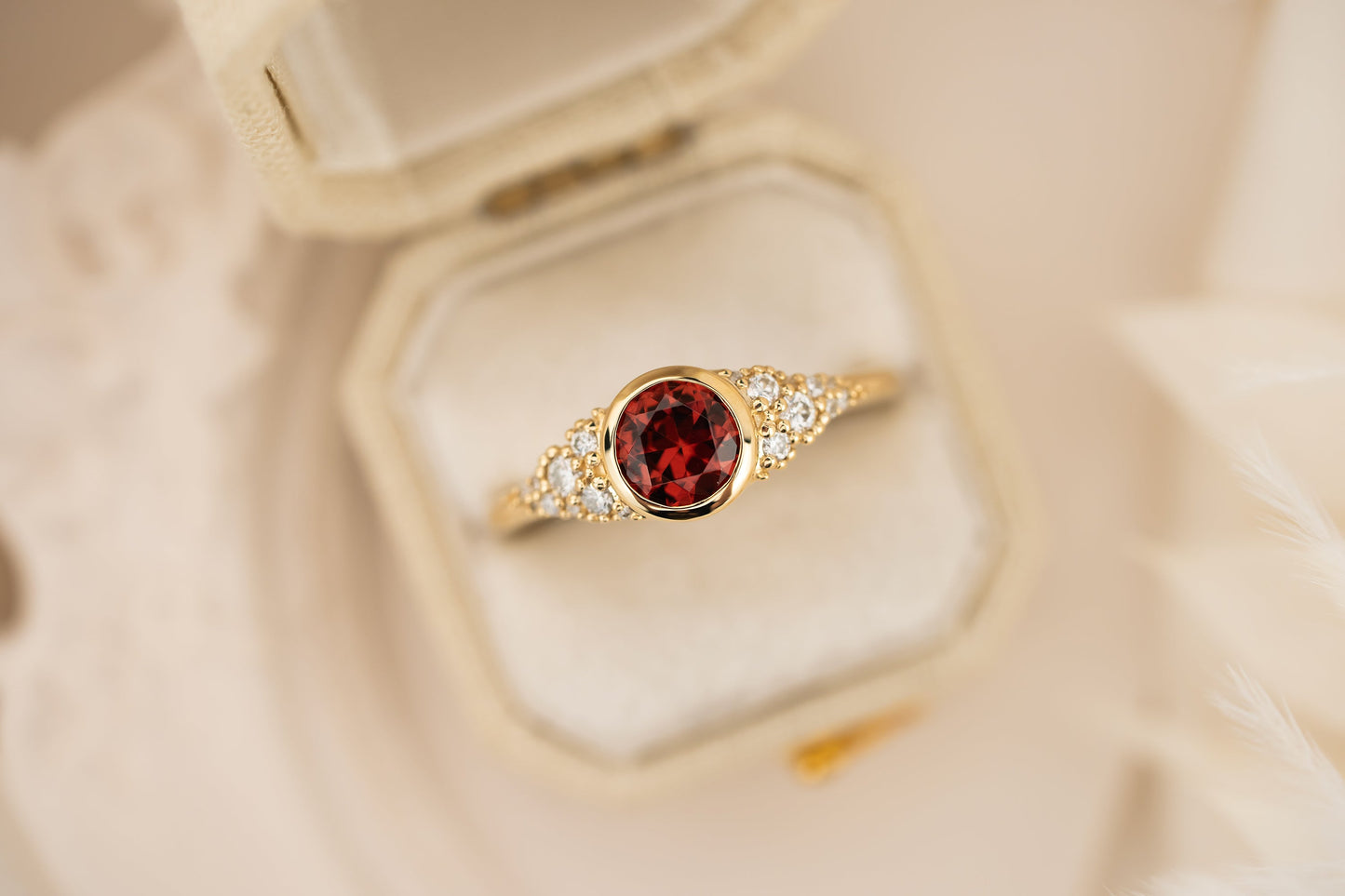 The Solaria Ring | 0.91 CT Round Red Garnet