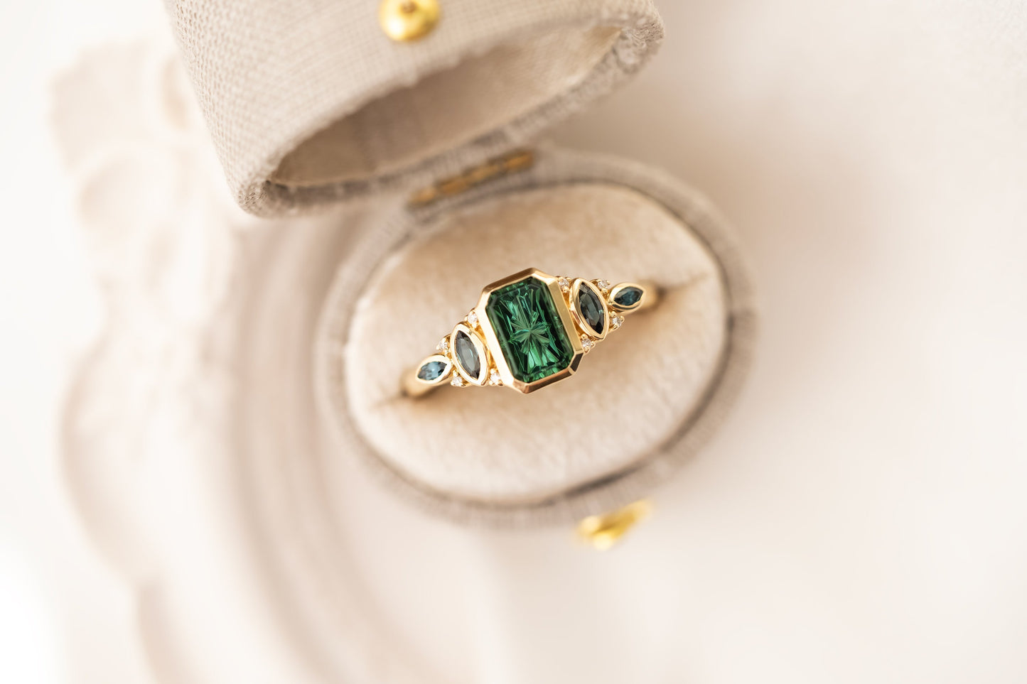 The All Bezel Maeve Ring | 1.07 Rectangular Starbrite™ Teal Green Tourmaline + Teal Sapphire Accents