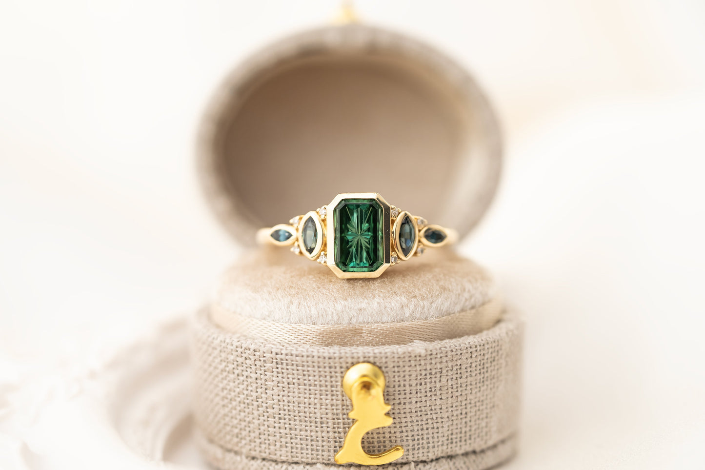 The All Bezel Maeve Ring | 1.07 Rectangular Starbrite™ Teal Green Tourmaline + Teal Sapphire Accents