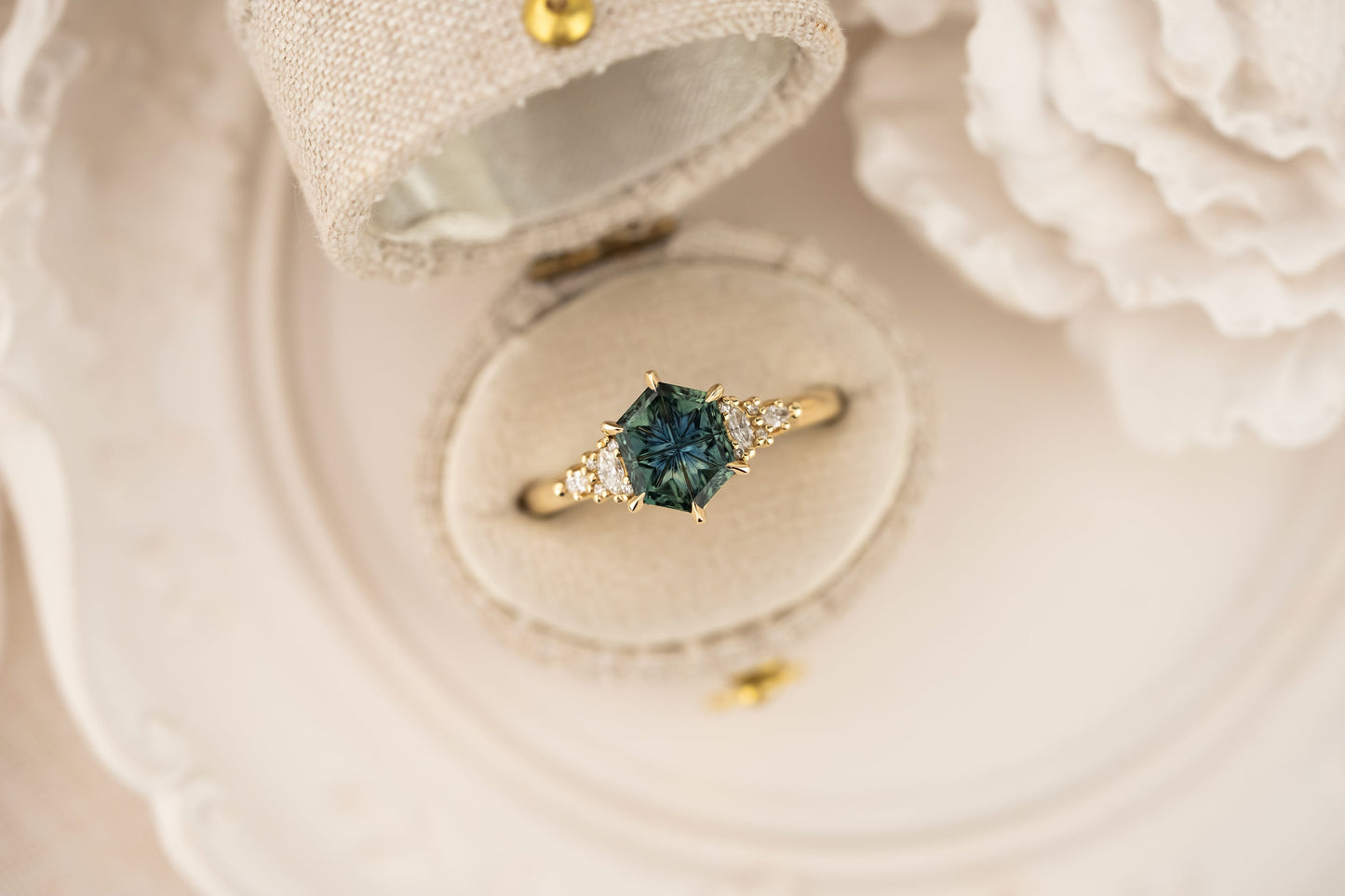 The Maeve Ring | 1.6 CT Fantasy Hexagon Cut Parti Montana Sapphire