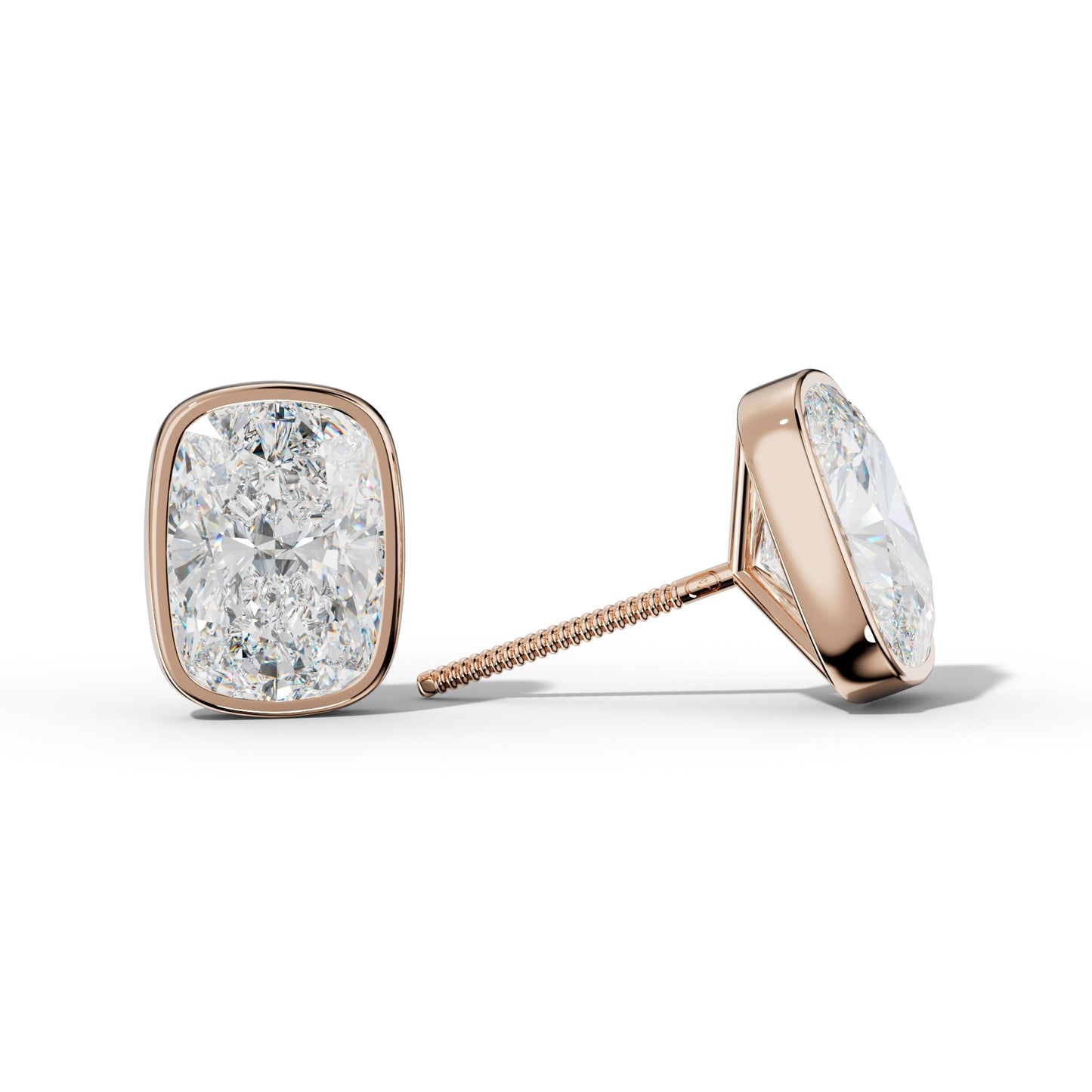 Elongated Cushion Diamond Stud Earrings With Martini Bezel Set - 1/2 - 18K Rose Gold