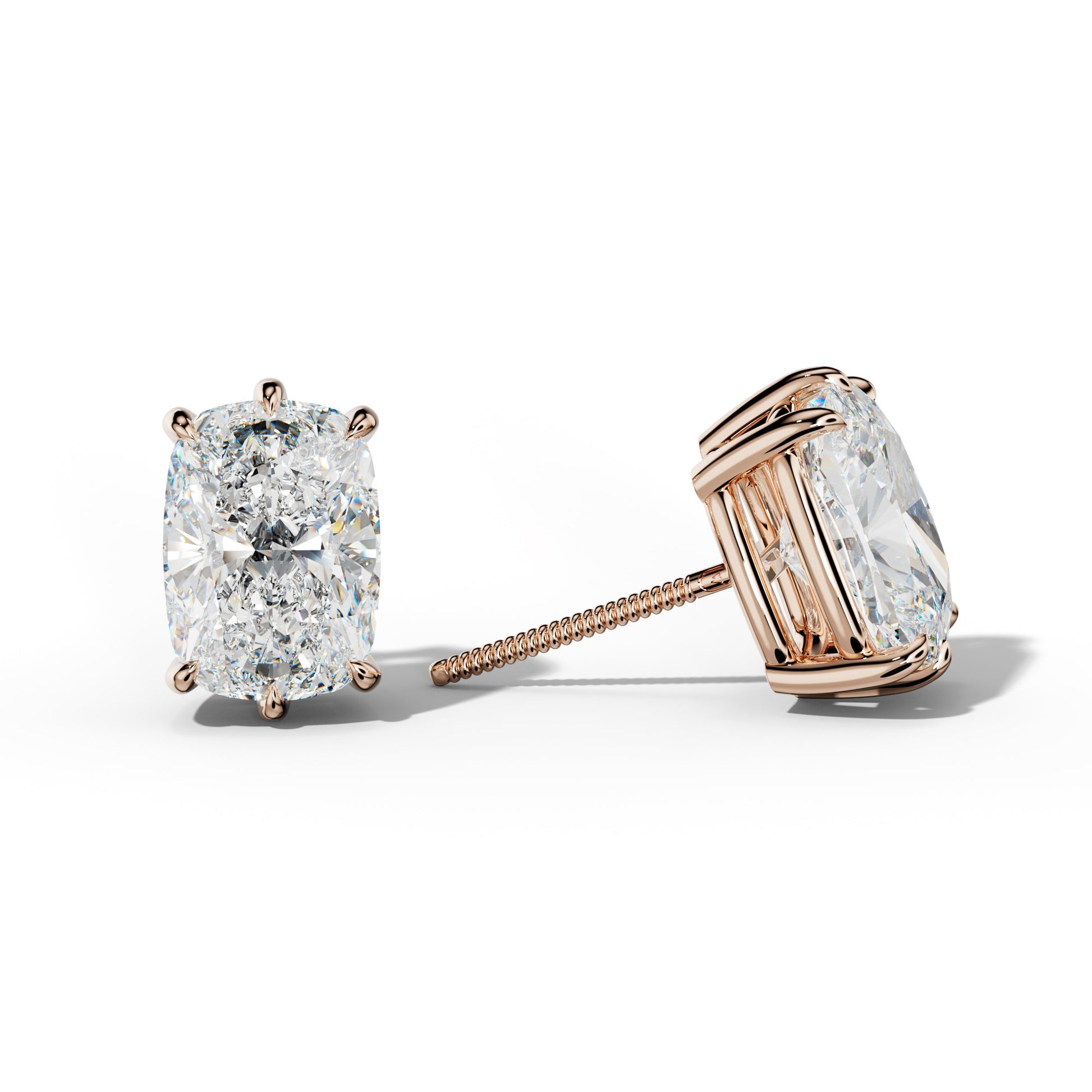 Elongated Cushion Diamond Stud Earrings With Six Prongs - 1/2 - 18K Rose Gold