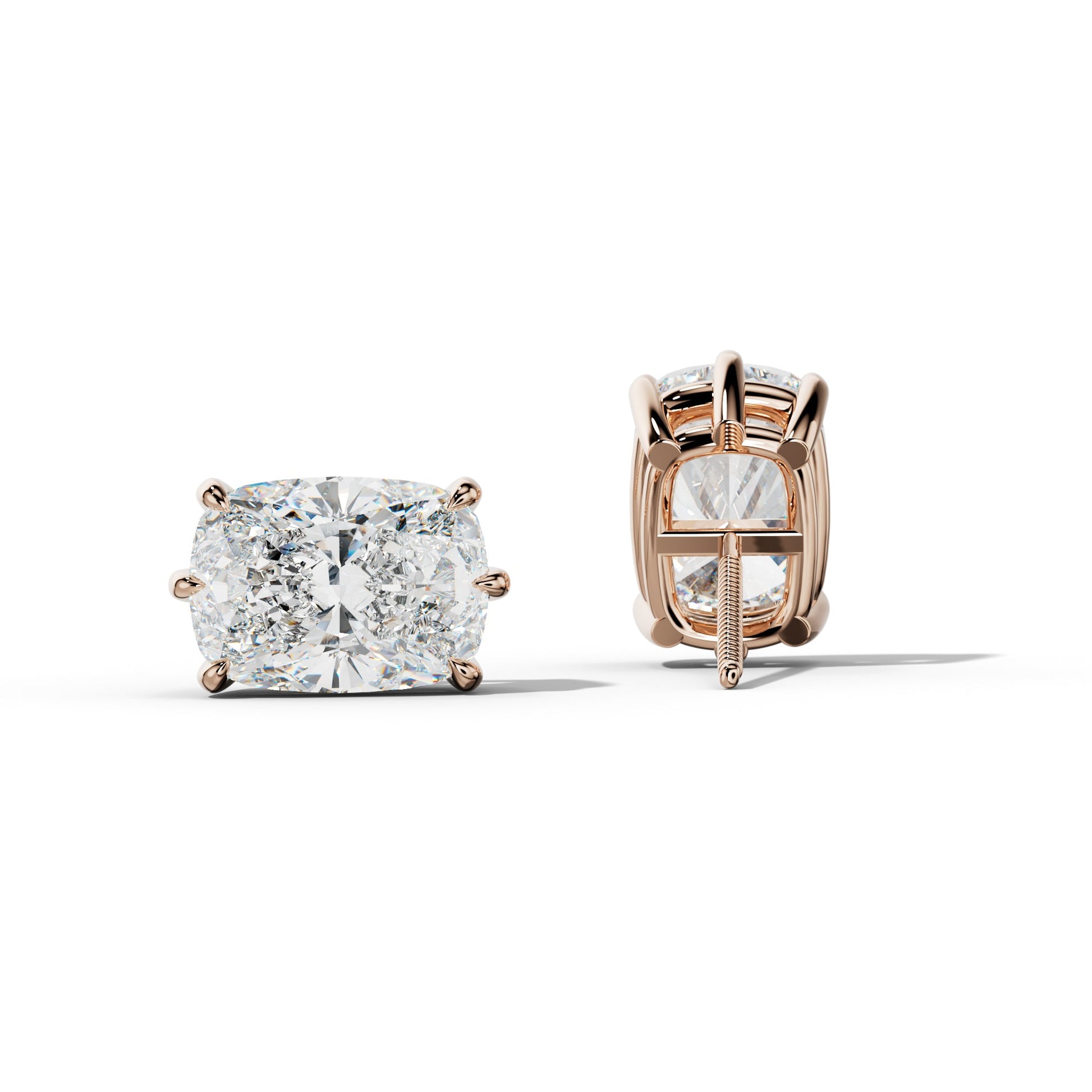 Elongated Cushion Diamond Stud Earrings With Six Prongs - 1/2 - Platinum 950
