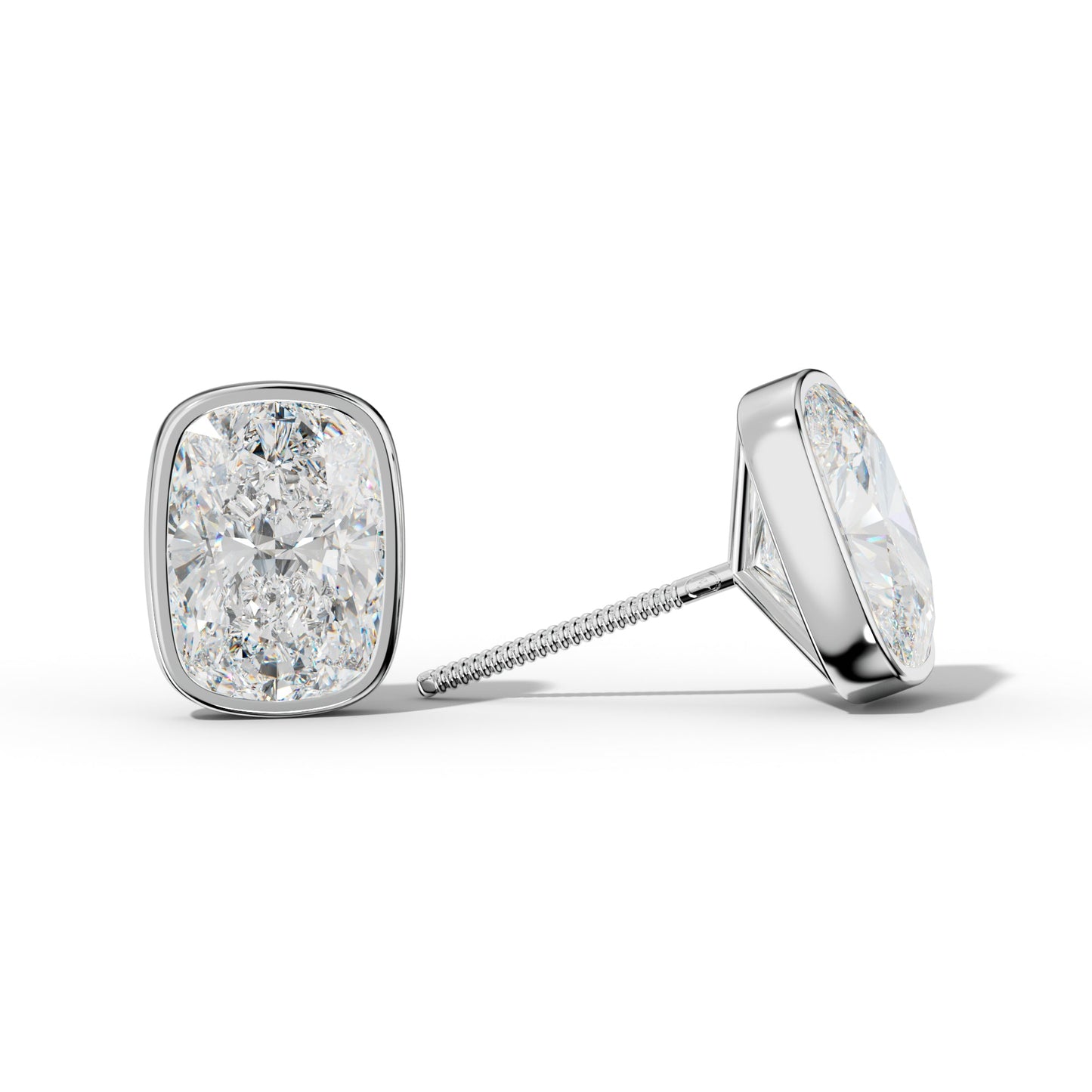 Elongated Cushion Diamond Stud Earrings With Martini Bezel Set