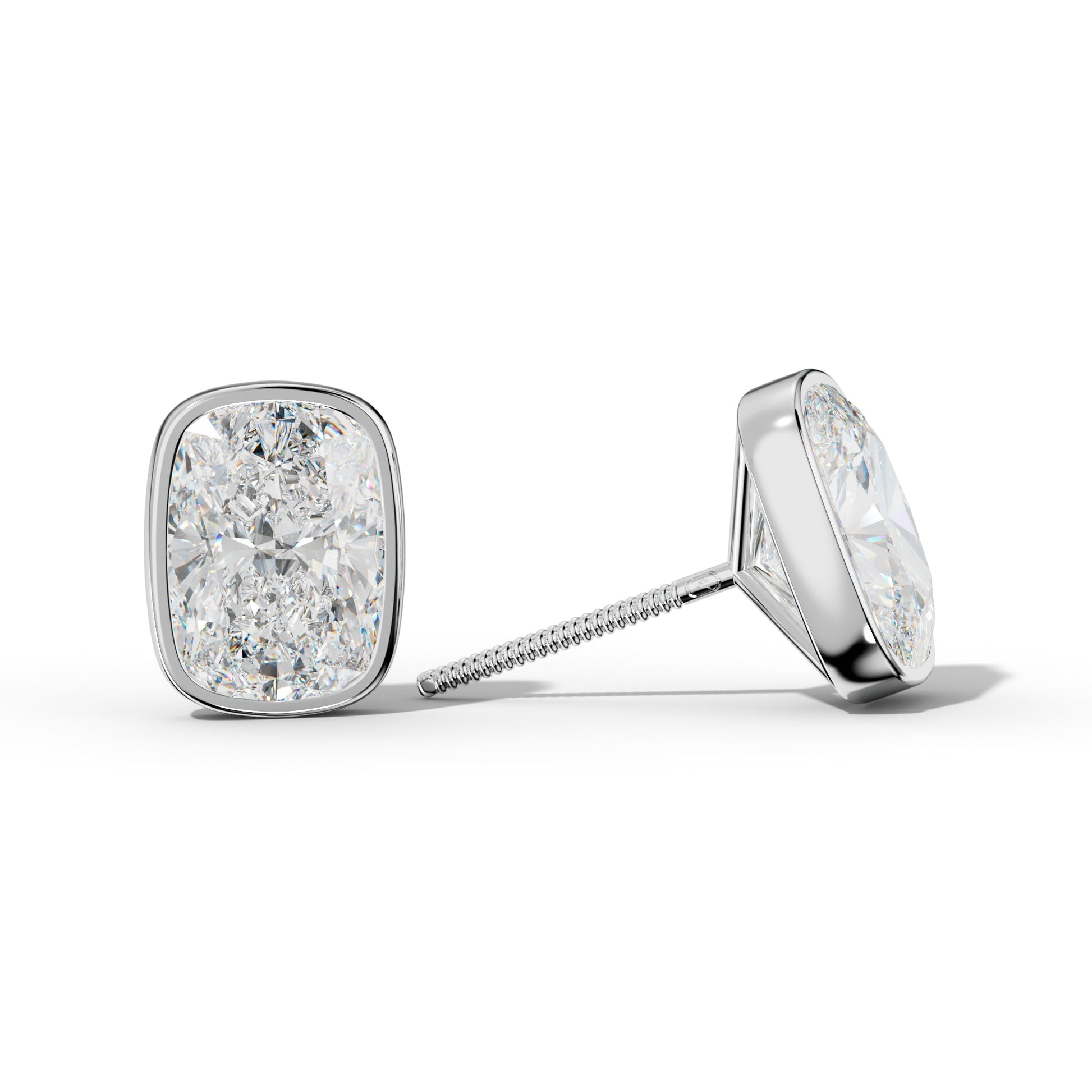Elongated Cushion Diamond Stud Earrings With Martini Bezel Set