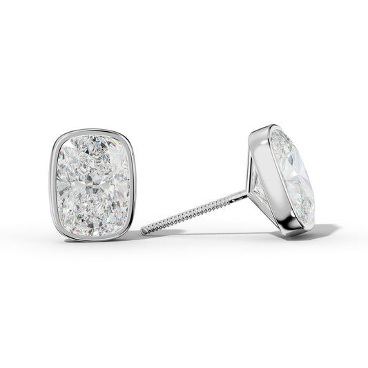 Elongated Cushion Diamond Stud Earrings With Martini Bezel Set
