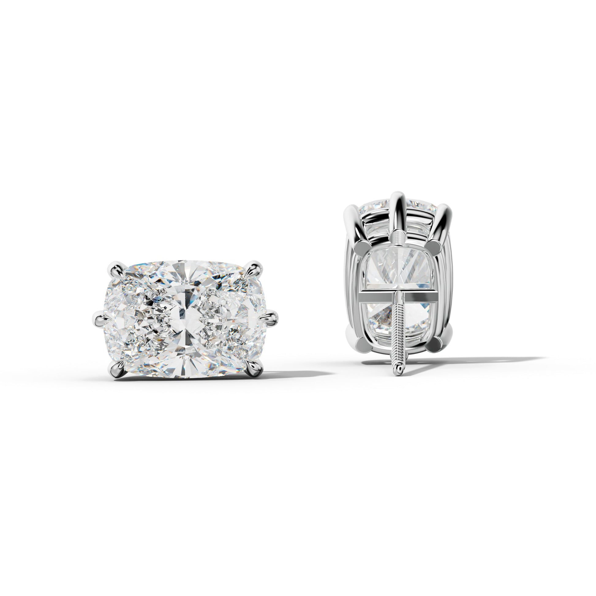 Elongated Cushion Diamond Stud Earrings With Six Prongs - 1/2 - 14K Yellow Gold