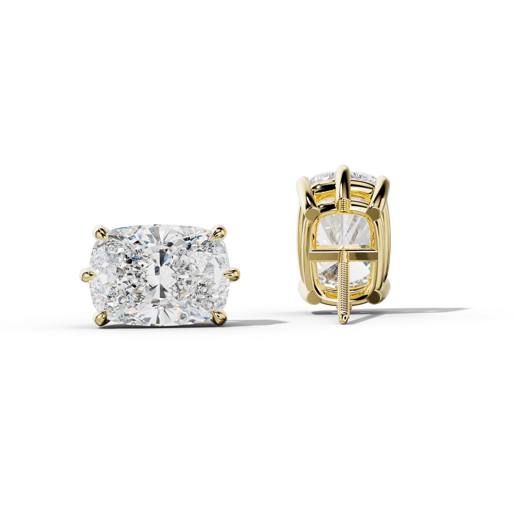 Elongated Cushion Diamond Stud Earrings With Six Prongs - 1/2 - 18K Yellow Gold