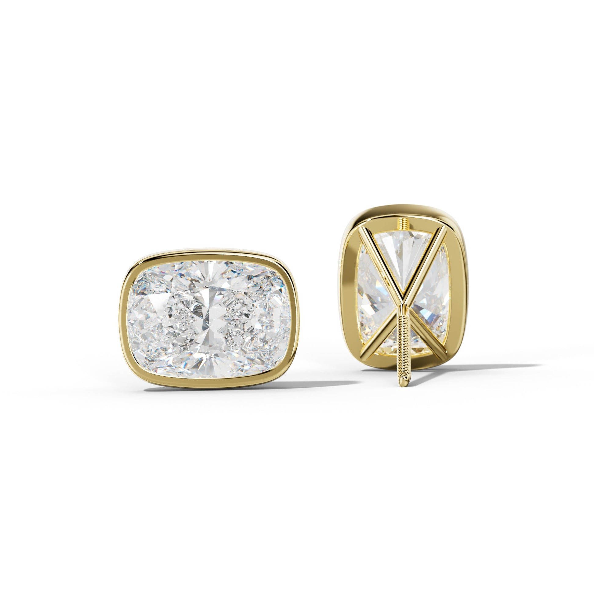 Elongated Cushion Diamond Stud Earrings With Martini Bezel Set - 1/2 - 18K Yellow Gold