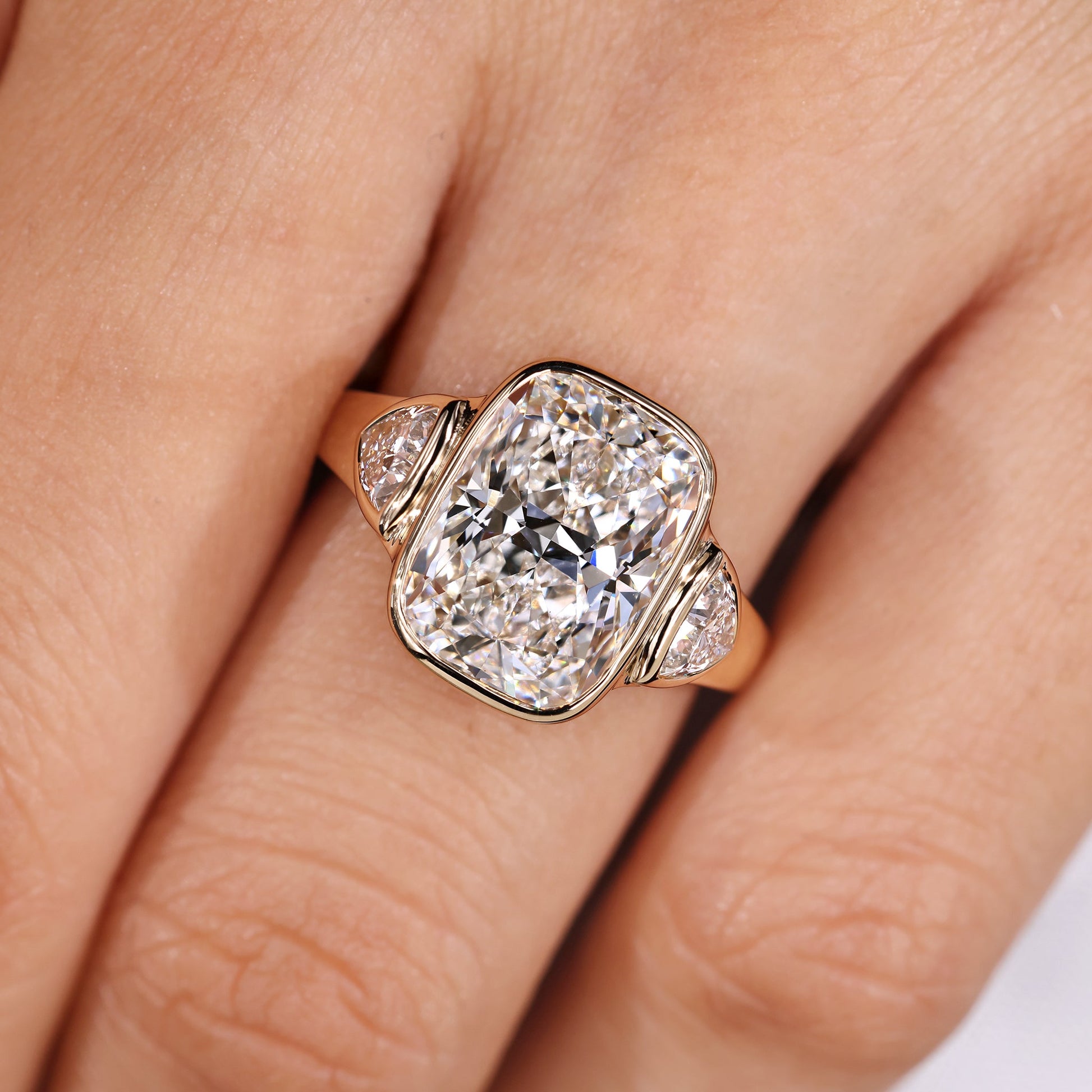 IGI Certified 5-10 Carat Elongated Cushion Cut Ring in bezel setting