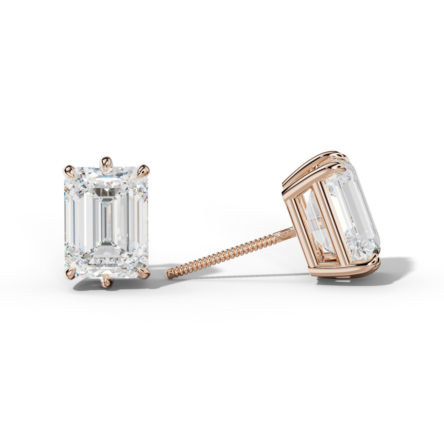 Emerald Cut Diamond Stud Earrings With Six Prongs - 1/2 - 18K Rose Gold