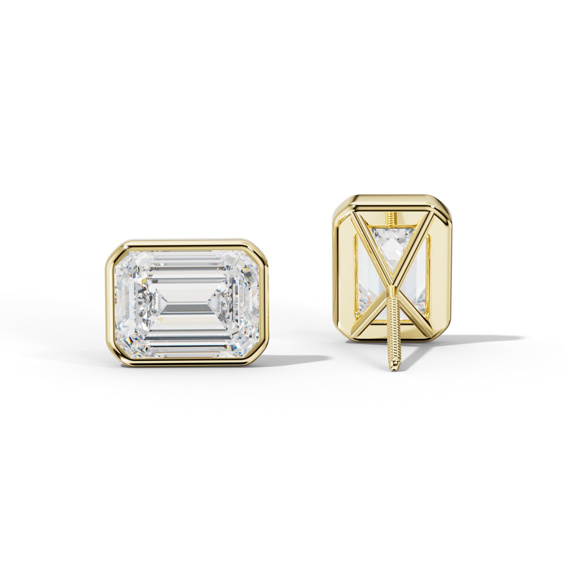 Emerald Cut Diamond Stud Earrings With Martini Bezel Set - 1/2 - 18K Yellow Gold