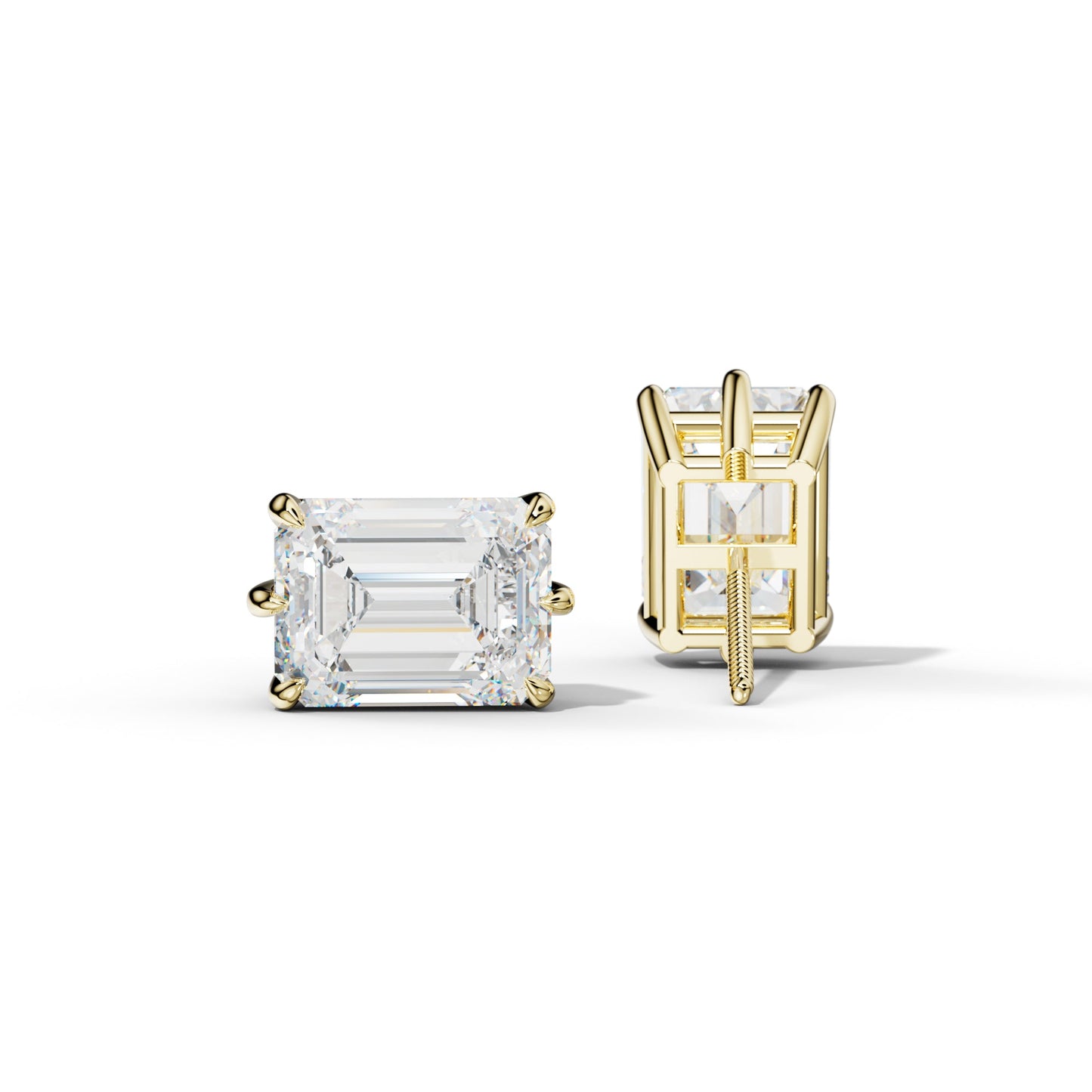 Emerald Cut Diamond Stud Earrings With Six Prongs - 1/2 - 18K Yellow Gold