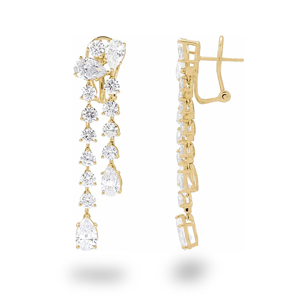 10.0 ct. Round and Pear Shape Diamond Dangle Earrings - 14K Yellow Gold - F-G Color VS1-VS2 Clarity
