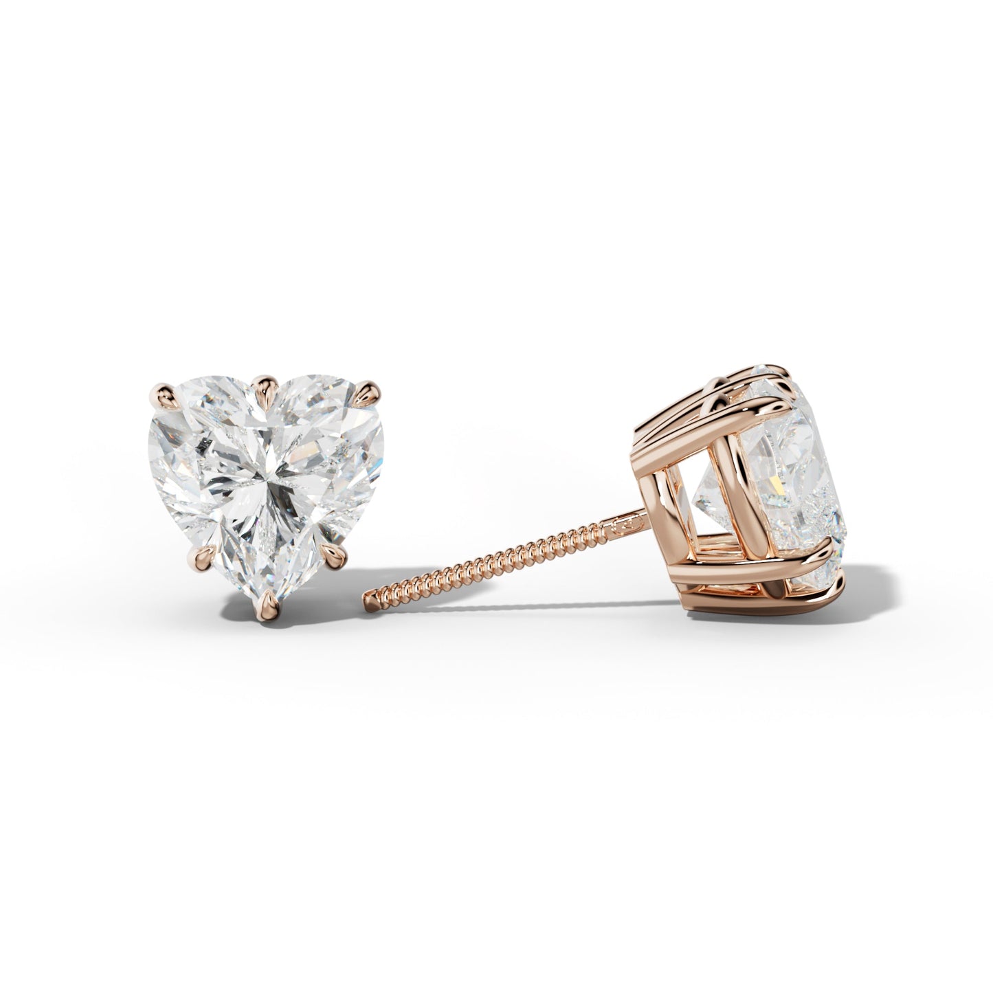 Heart  Diamond Stud Earrings With Six Prongs - 1/2 - 18K Rose Gold