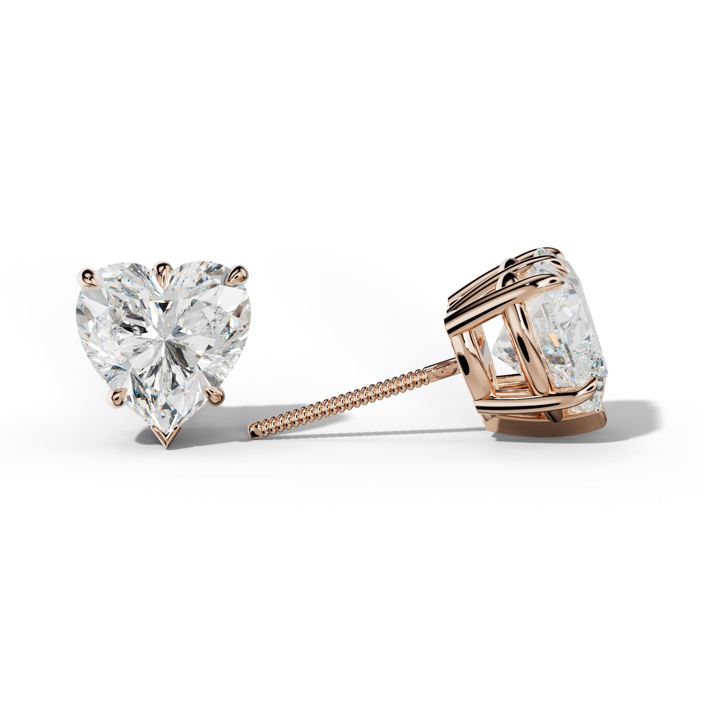 Heart  Diamond Stud Earrings With V Prong Setting - 1/2 - 18K Rose Gold