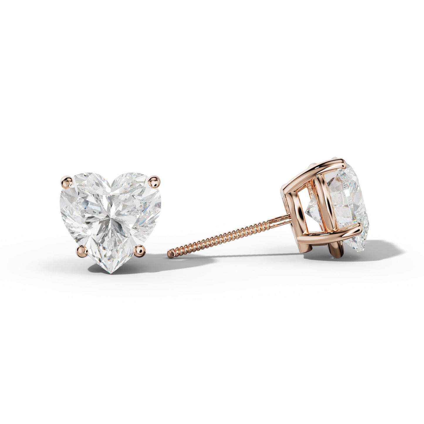 Heart  Diamond Stud Earrings With Classic Four Prongs - 1/2 - 18K Rose Gold