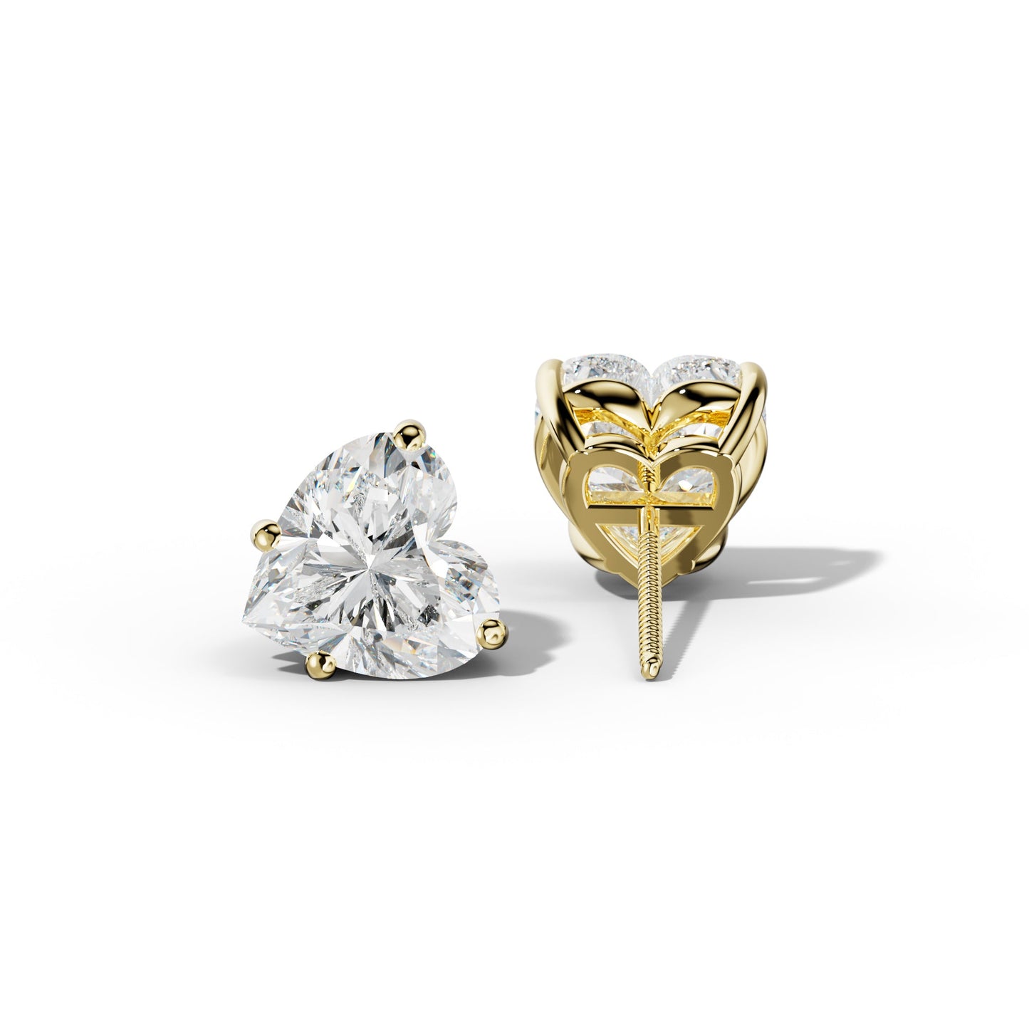Heart  Diamond Stud Earrings With Classic Four Prongs - 1/2 - 18K Yellow Gold