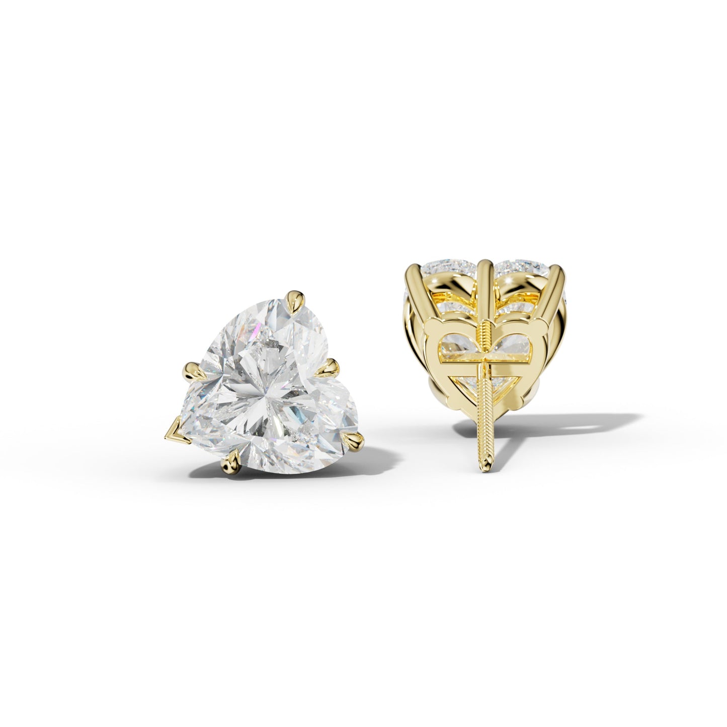 Heart  Diamond Stud Earrings With V Prong Setting - 1/2 - 18K Yellow Gold