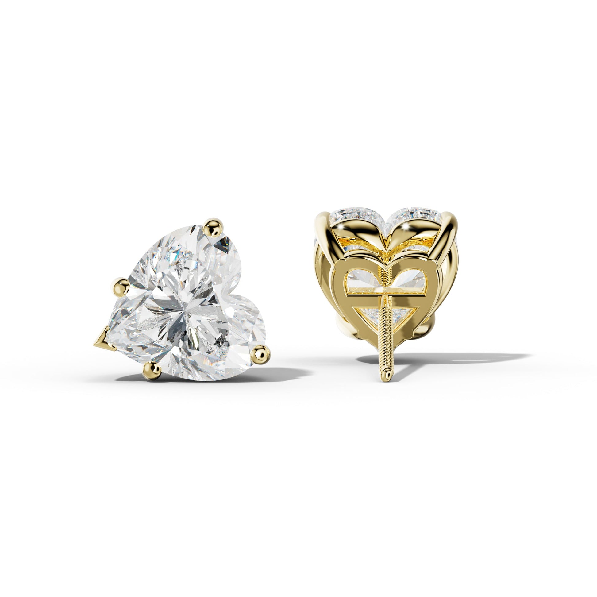 Heart  Diamond Stud Earrings With Four Classic And V Prongs - 1/2 - 18K Yellow Gold