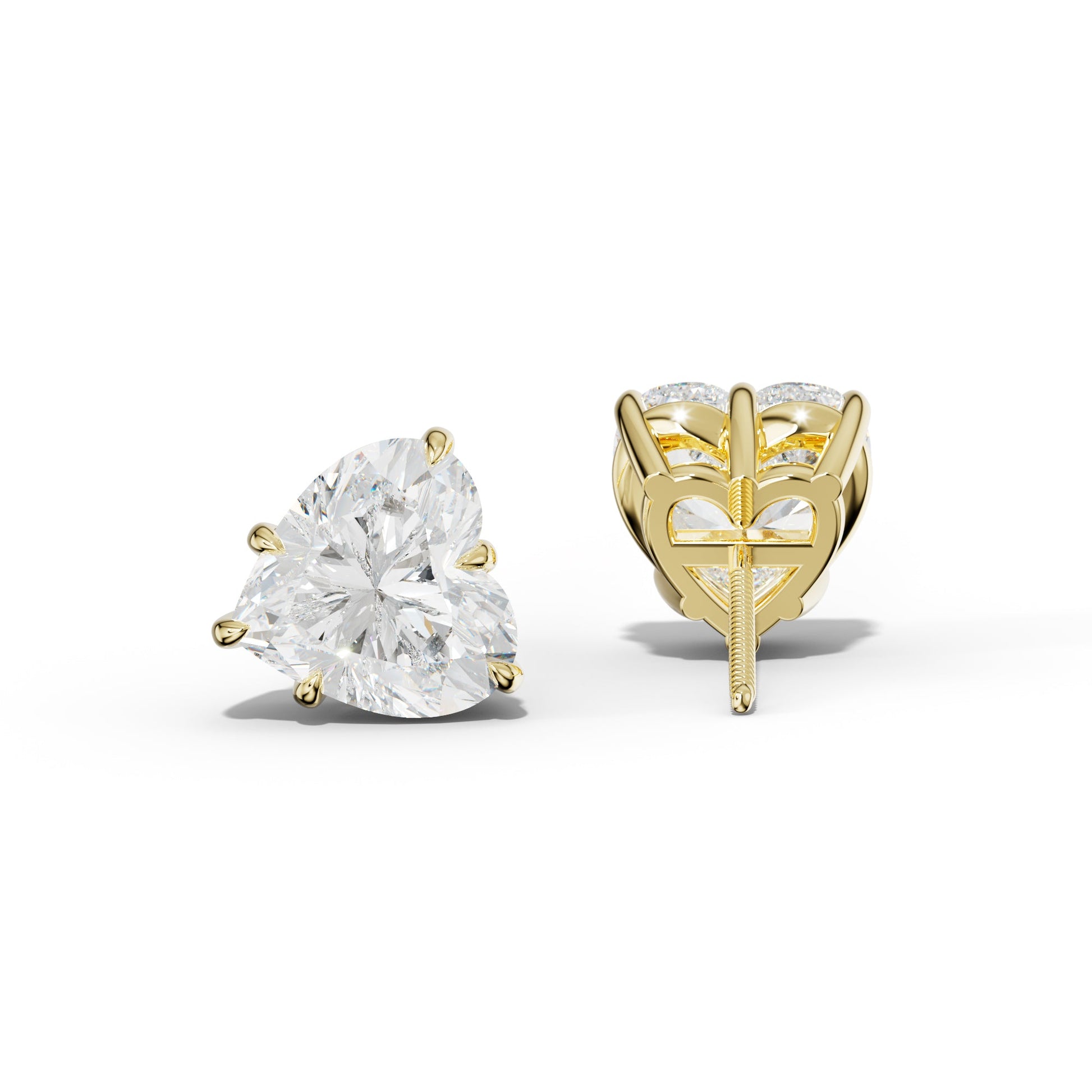 Heart  Diamond Stud Earrings With Six Prongs - 1/2 - 18K Yellow Gold