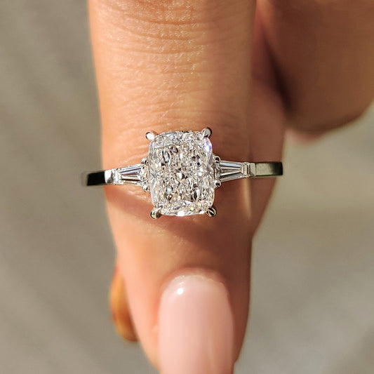 3 Stone Engagement Ring With Cushion And Tapered Baguette