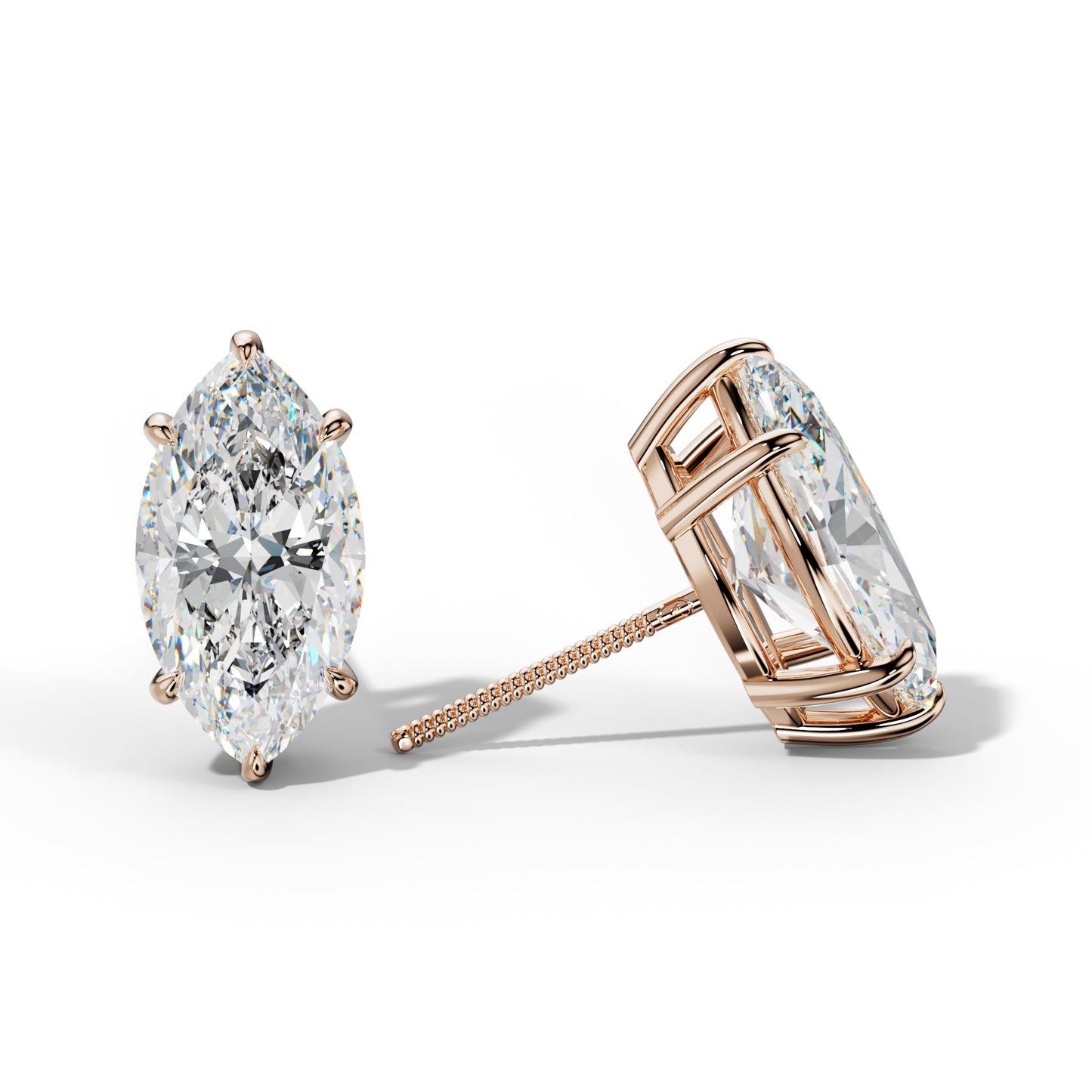 Marquise Diamond Stud Earrings With Six Prongs - 1/2 - 18K Rose Gold