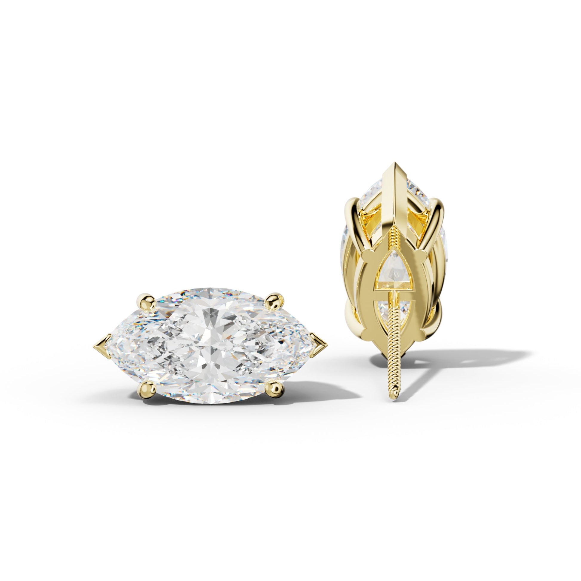Marquise Diamond Stud Earrings With Four Classic And V Prongs - 1/2 - 18K Yellow Gold