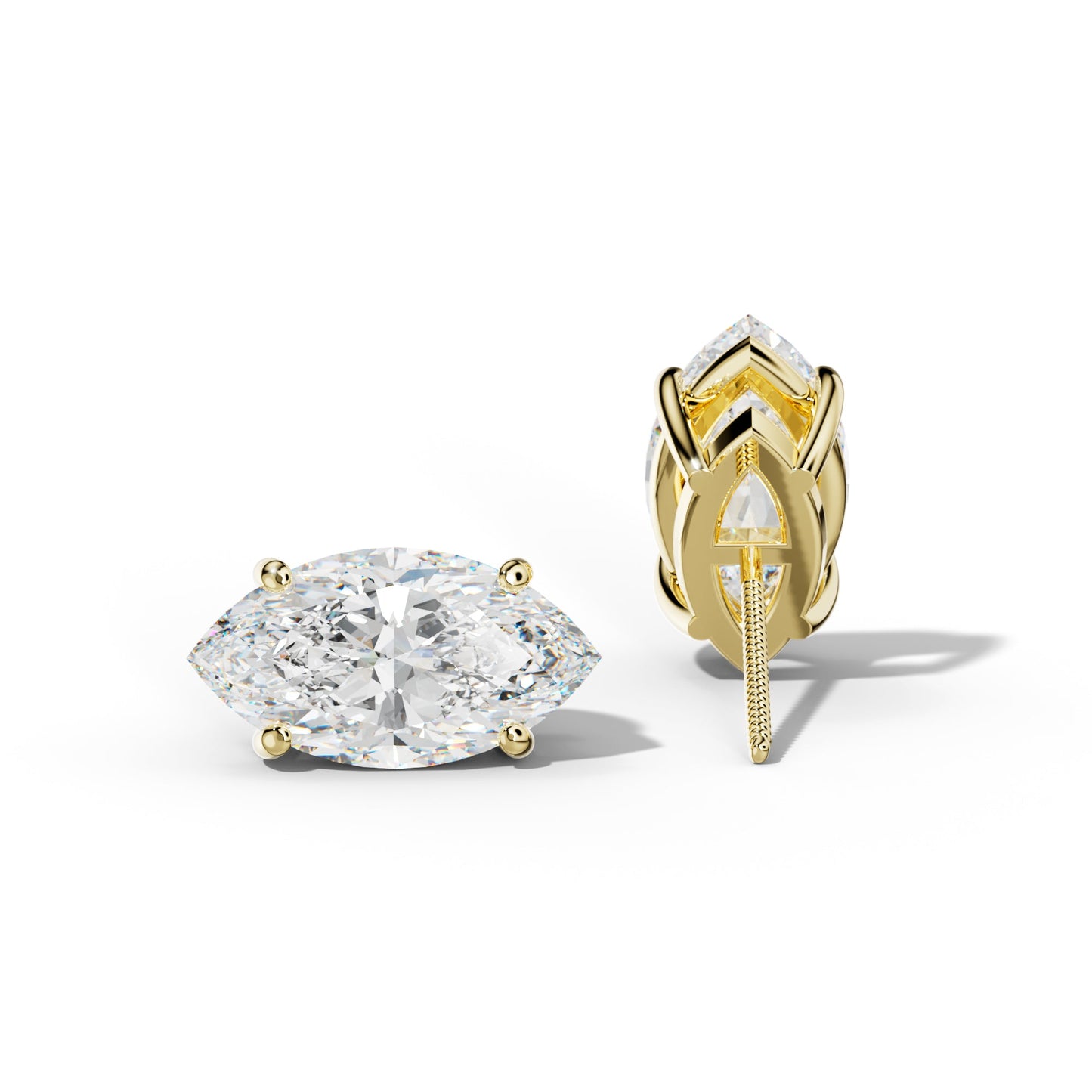 Marquise Diamond Stud Earrings With Classic Four Prongs - 1/2 - 18K Yellow Gold