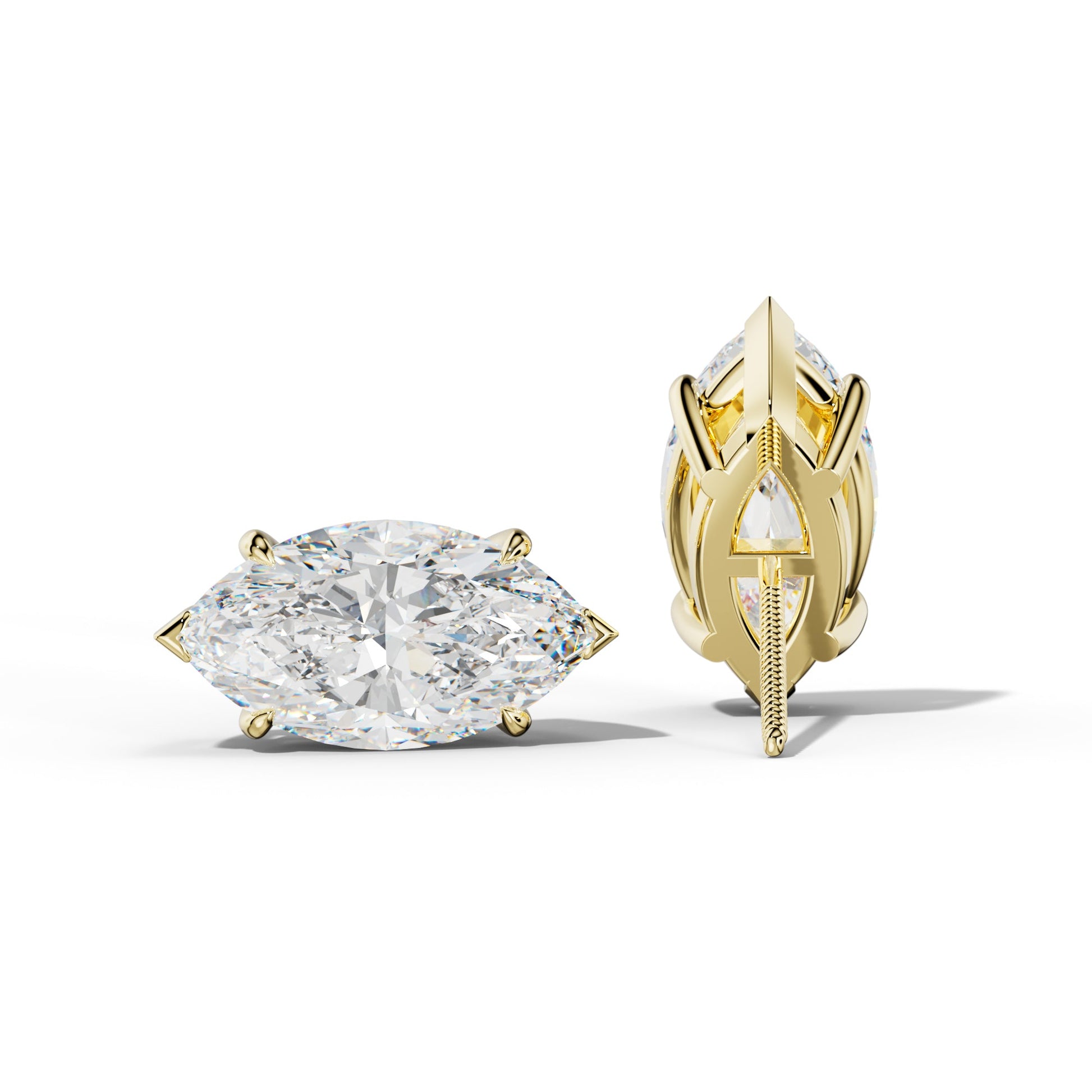 Marquise Diamond Stud Earrings With V Prong Setting - 1/2 - 18K Yellow Gold