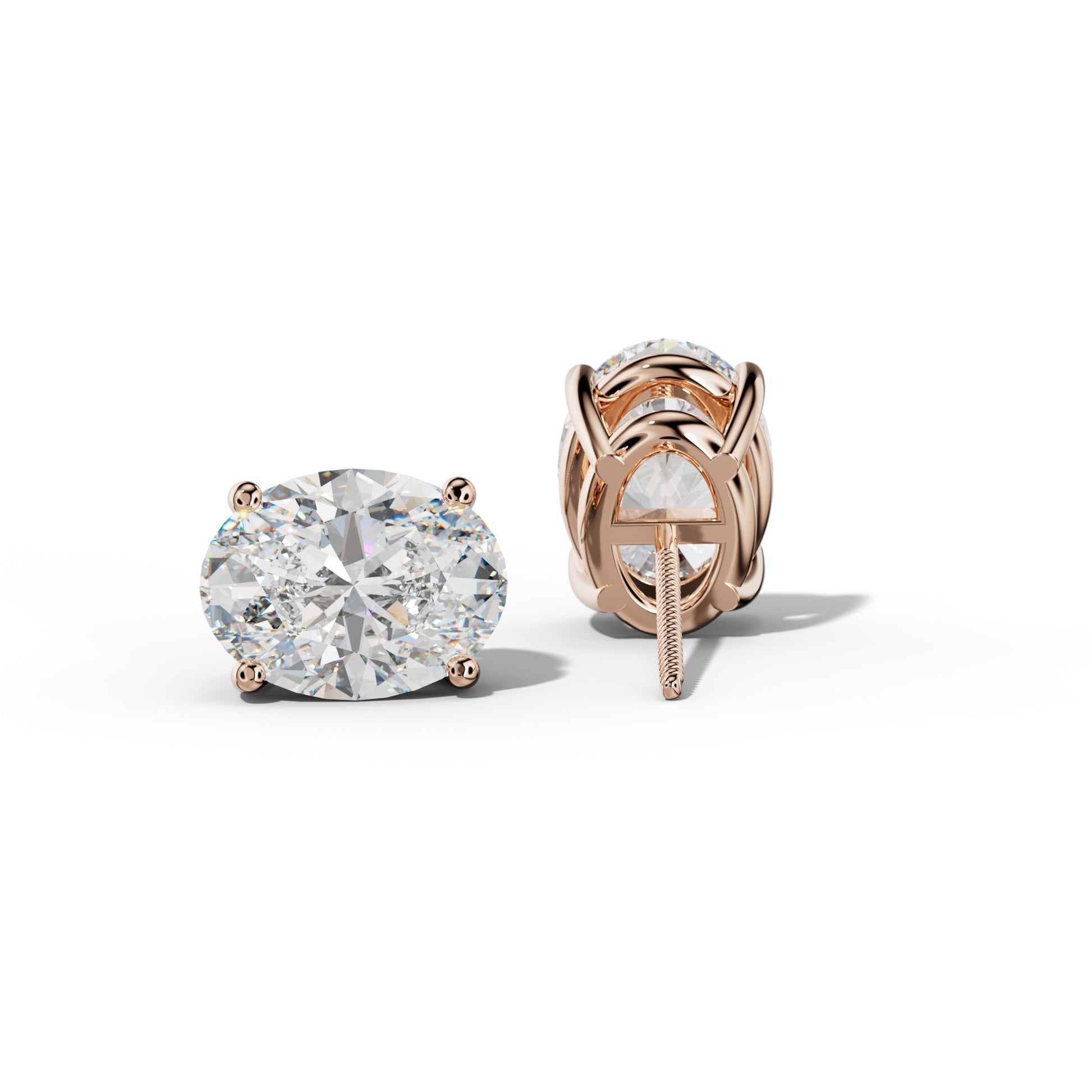 Four Prong Oval Diamond Stud Earrings - 1/2 - 18K Rose Gold
