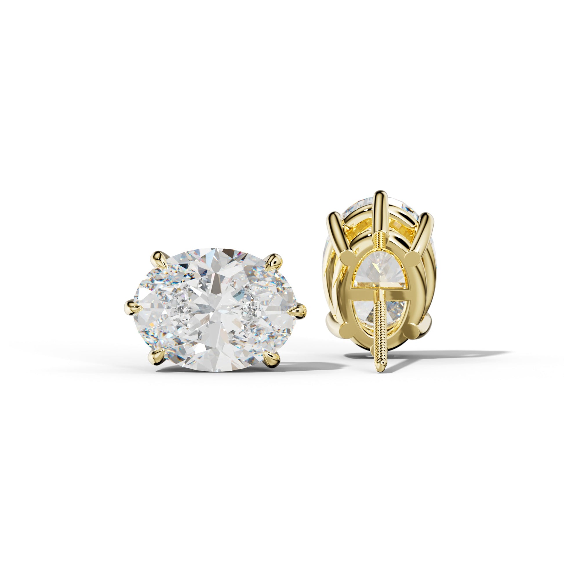 Oval Diamond Stud Earrings With Six Prongs - 1/2 - 18K Yellow Gold