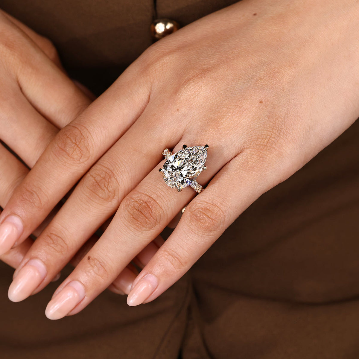 10 Carat Pear Shaped Diamond Ring with Marquise and Round Pave