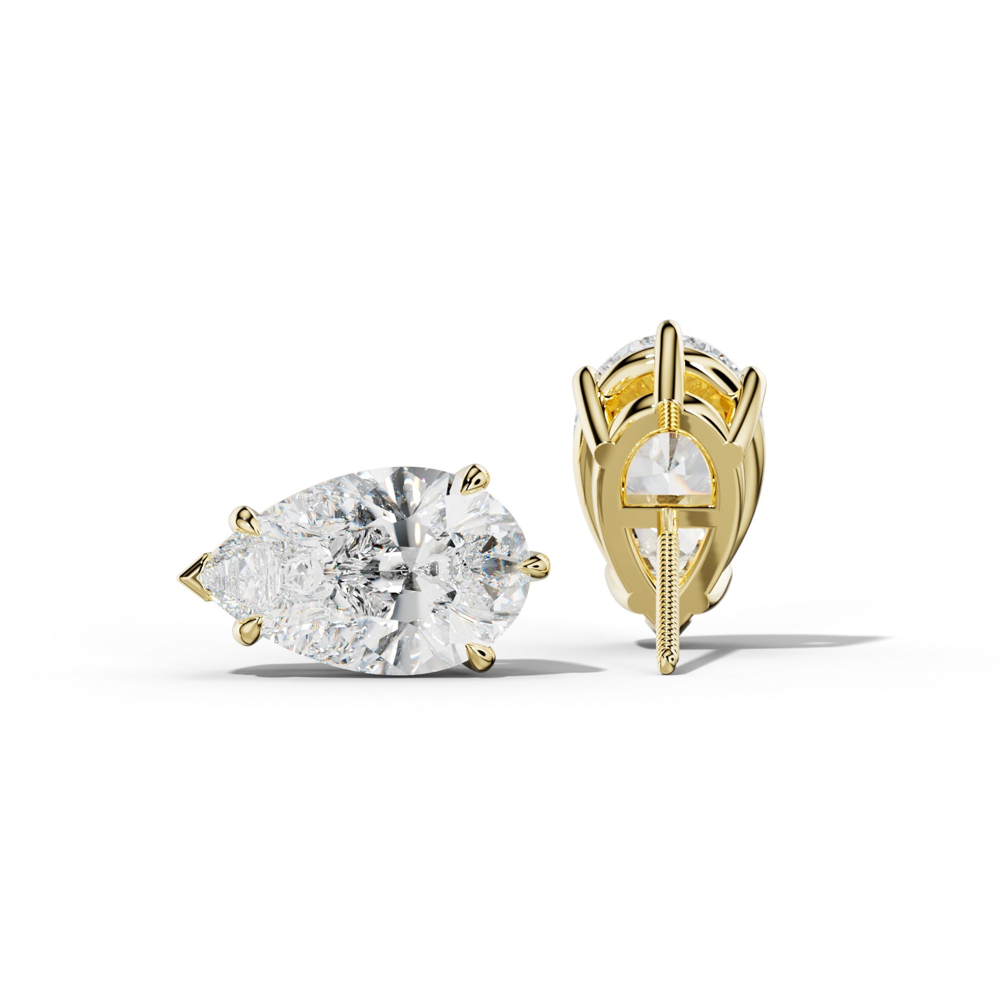 Pear Shape Diamond Stud Earrings With V Prong Setting - 1/2 - 18K Yellow Gold