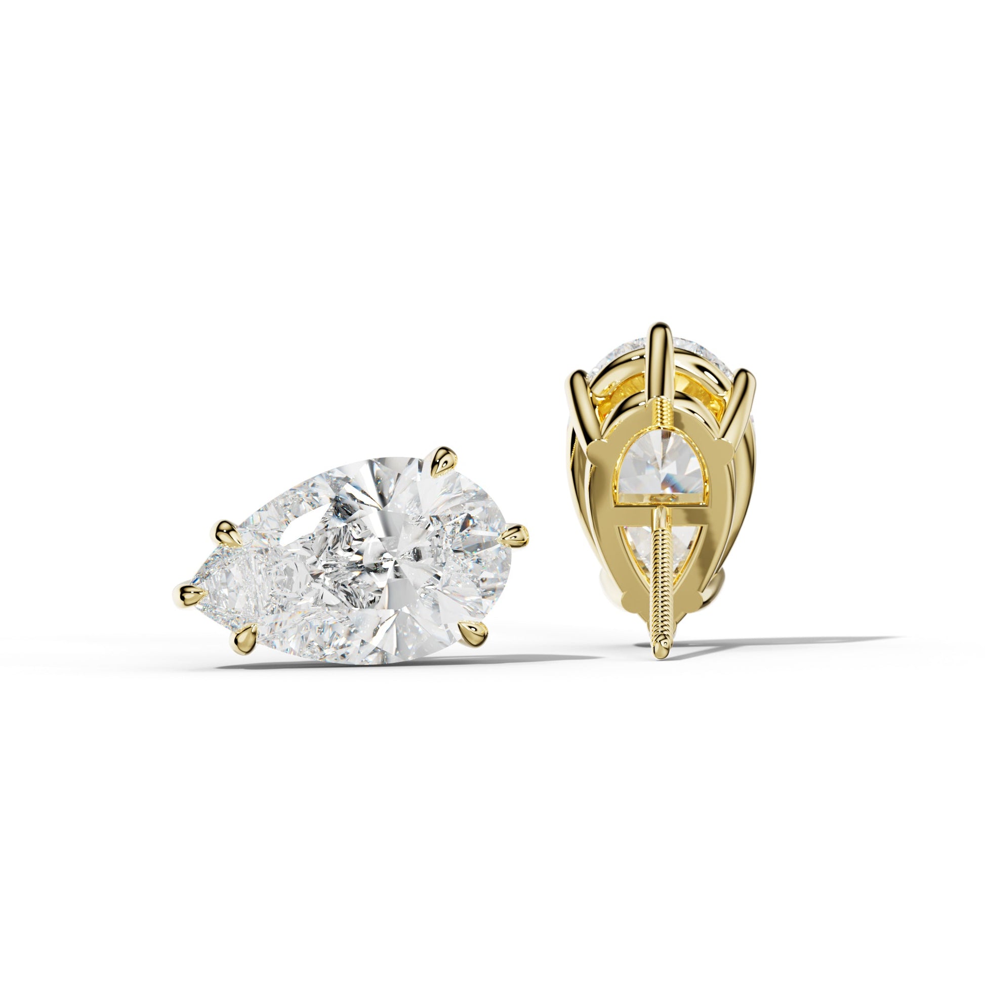 Pear Shape Diamond Stud Earrings With Six Prongs - 1/2 - 18K Yellow Gold