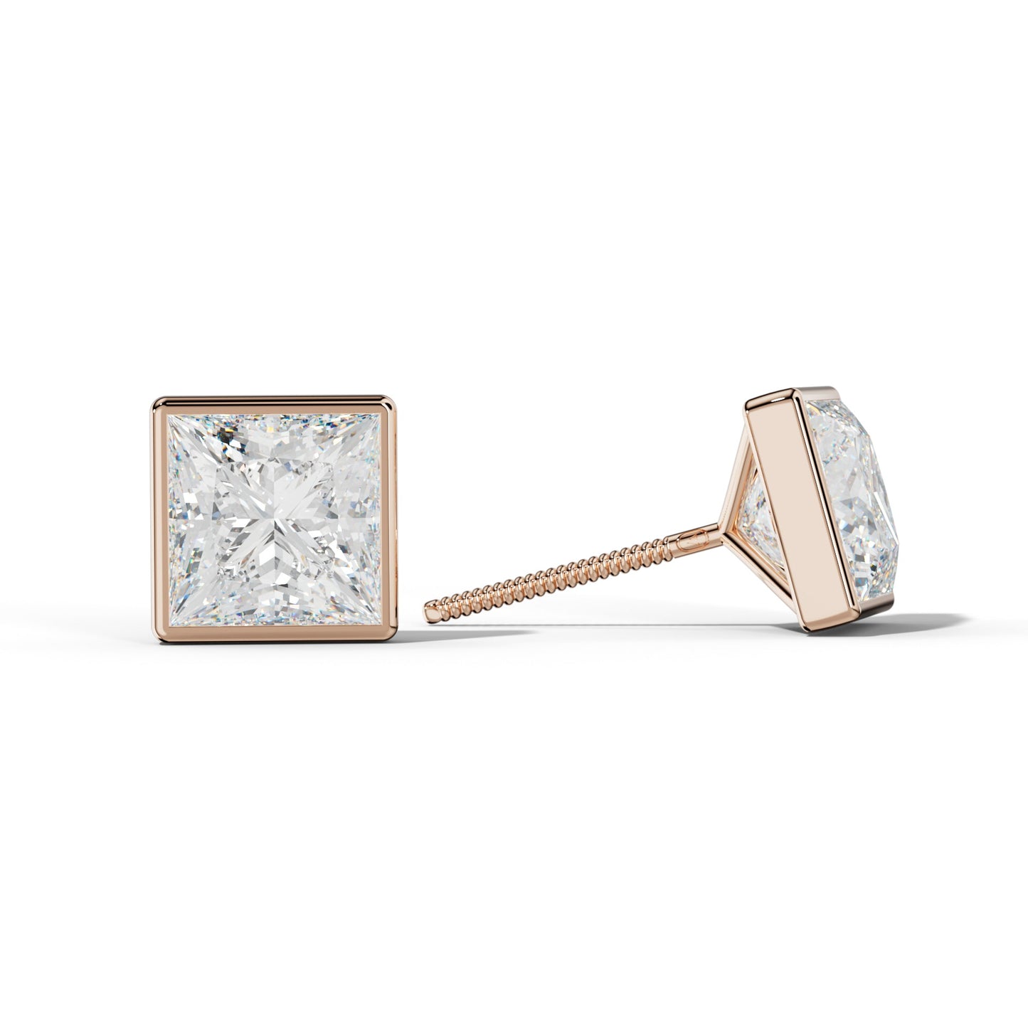 Princess Cut  Diamond Stud Earrings With Martini Bezel Set - 1/2 - 18K Rose Gold