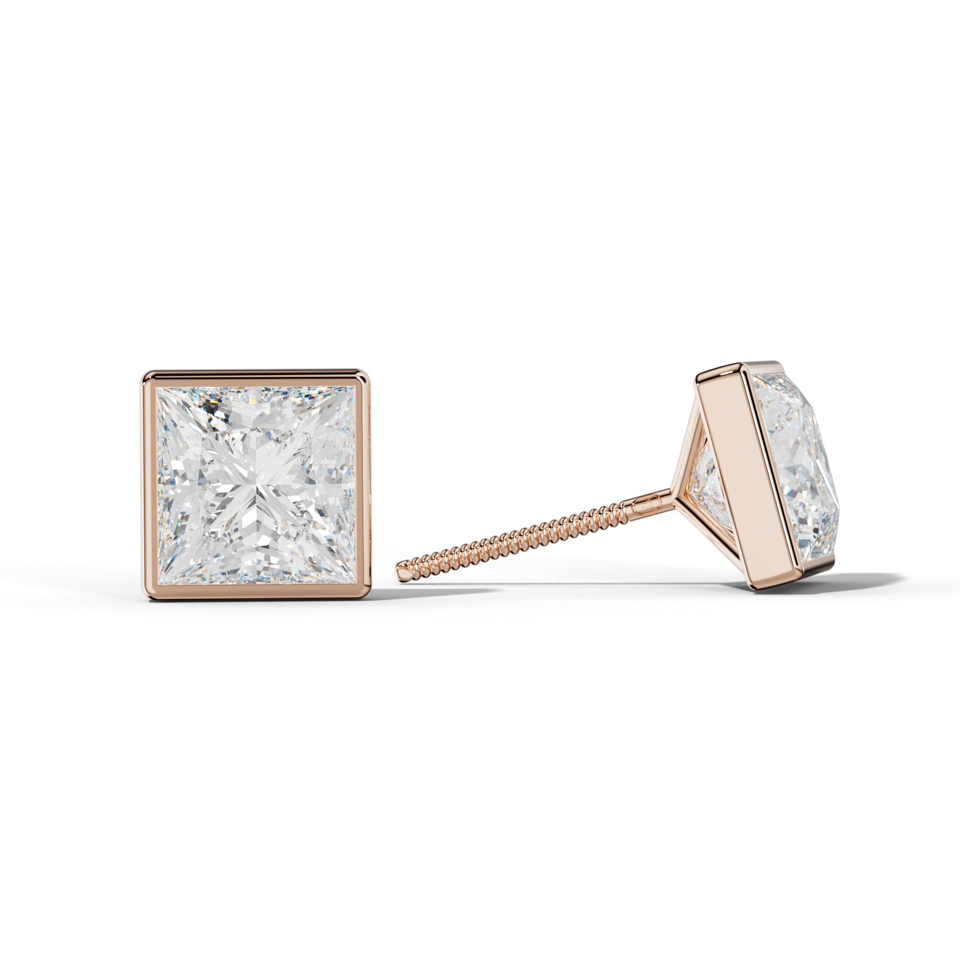 Princess Cut  Diamond Stud Earrings With Martini Bezel Set - 1/2 - 18K Rose Gold