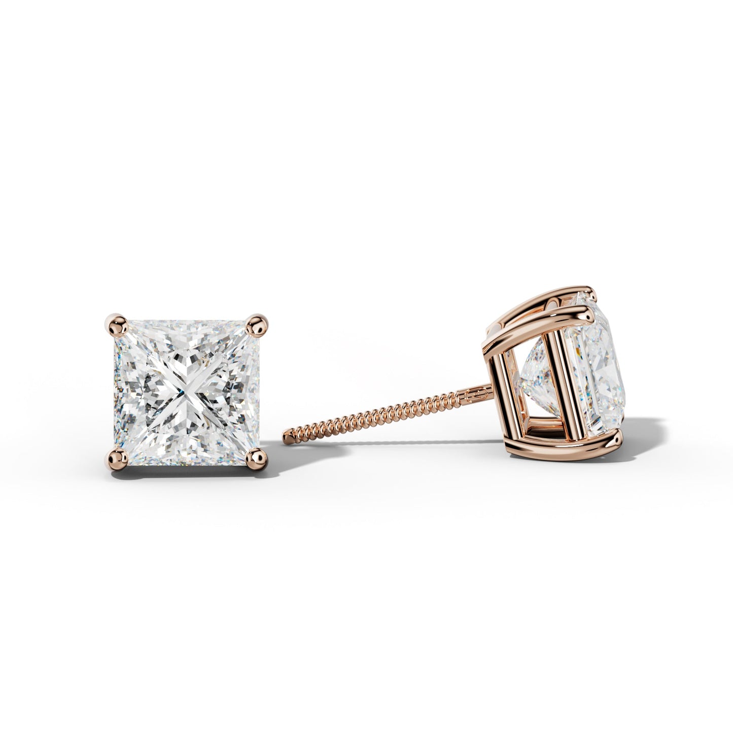 Princess Cut  Diamond Stud Earrings With Classic Four Prongs - 1/2 - 18K Rose Gold