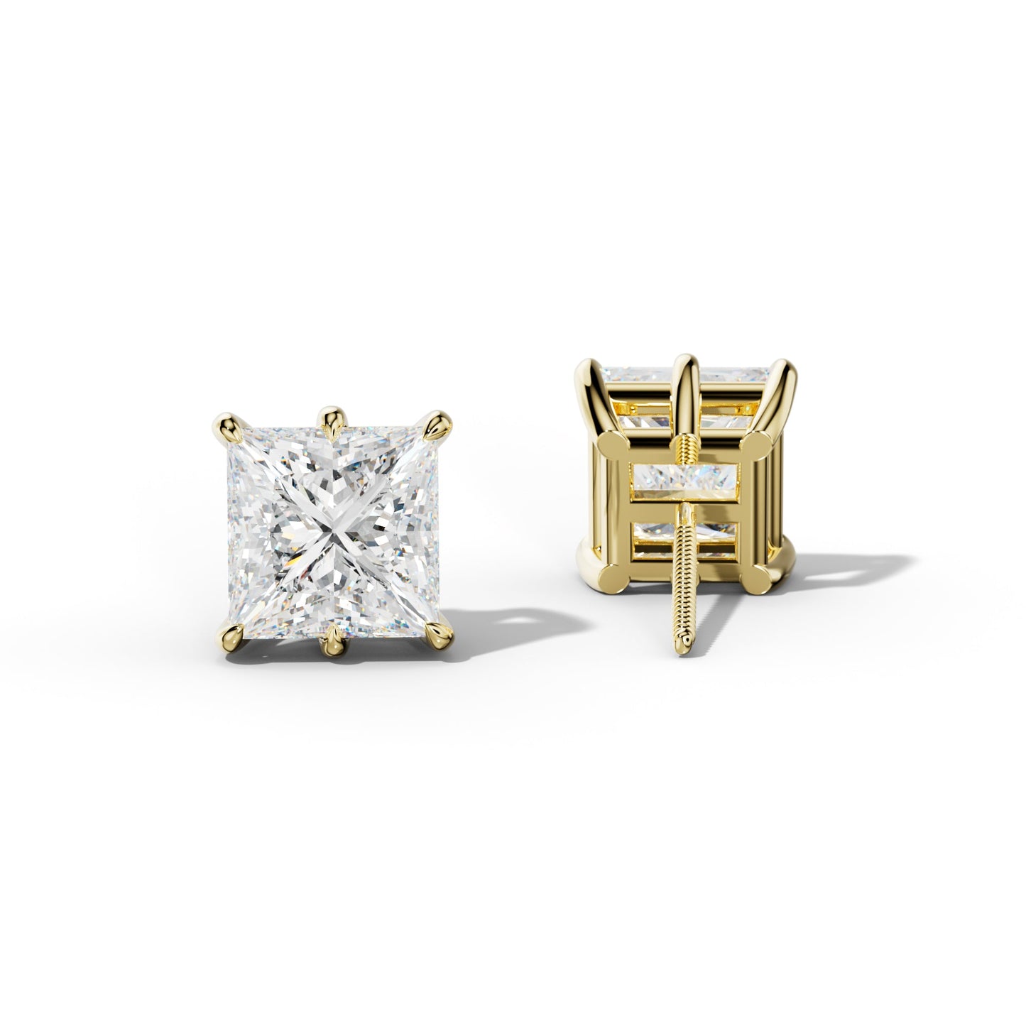 Princess Cut  Diamond Stud Earrings With Six Prongs - 1/2 - 18K Yellow Gold